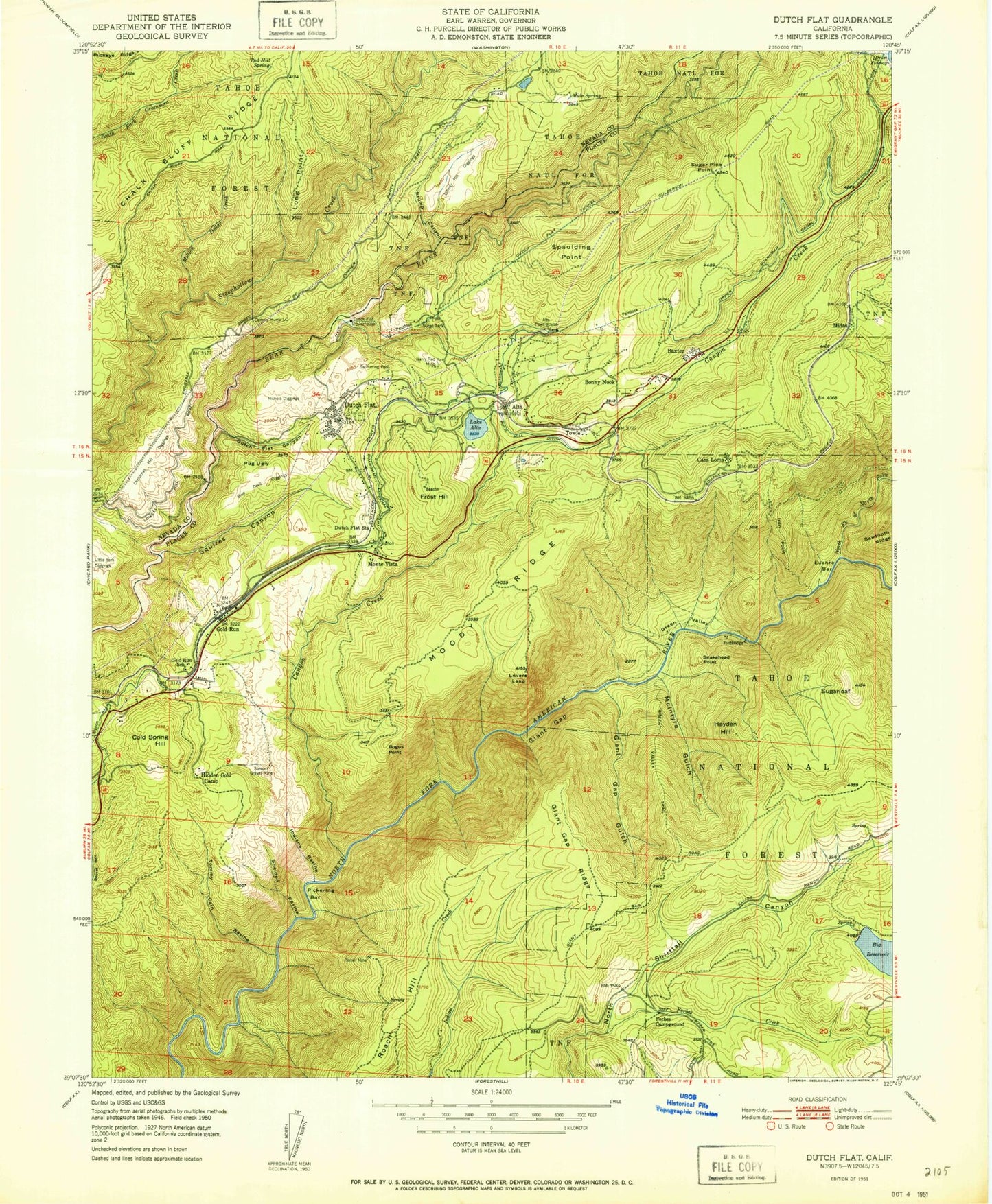 Classic USGS Dutch Flat California 7.5'x7.5' Topo Map Image
