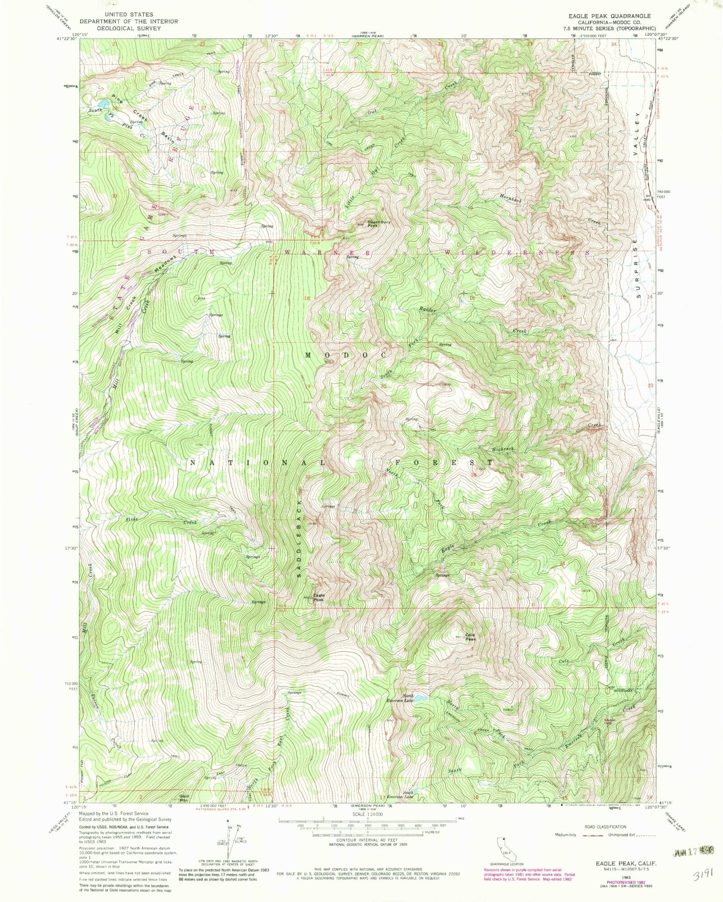 Classic USGS Eagle Peak California 7.5'x7.5' Topo Map Image