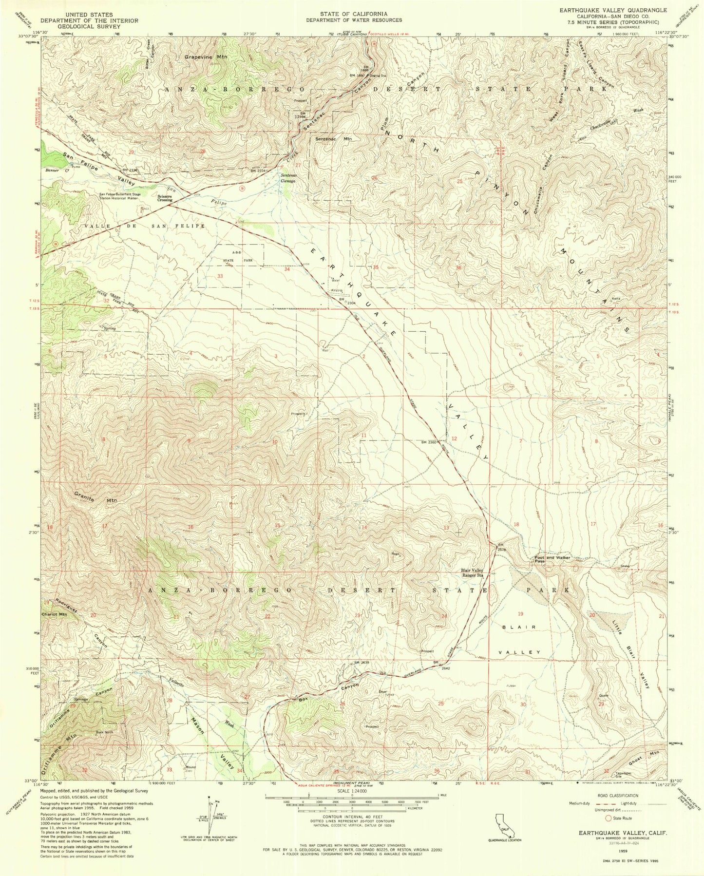 Classic USGS Earthquake Valley California 7.5'x7.5' Topo Map Image