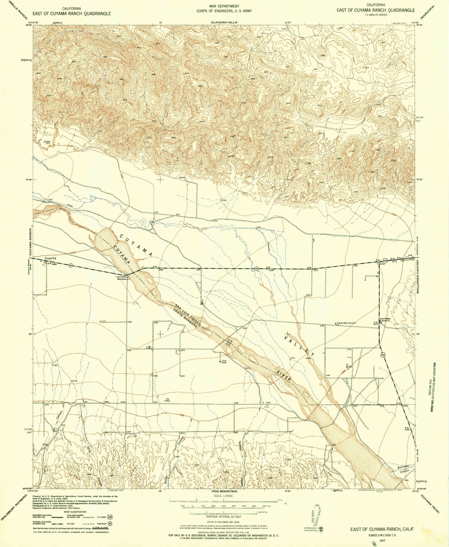 Classic USGS Cuyama California 7.5'x7.5' Topo Map Image