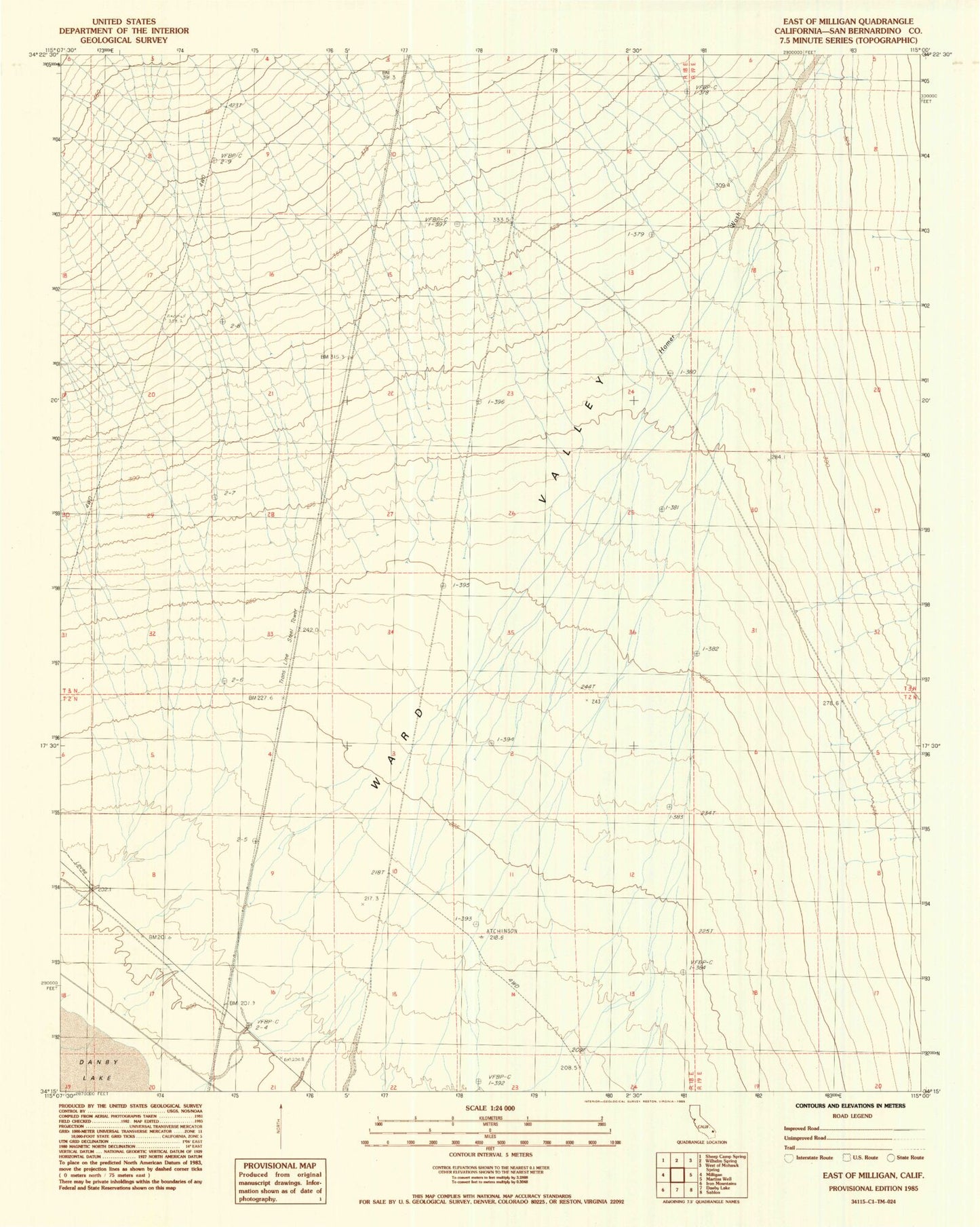 Classic USGS East of Milligan California 7.5'x7.5' Topo Map Image