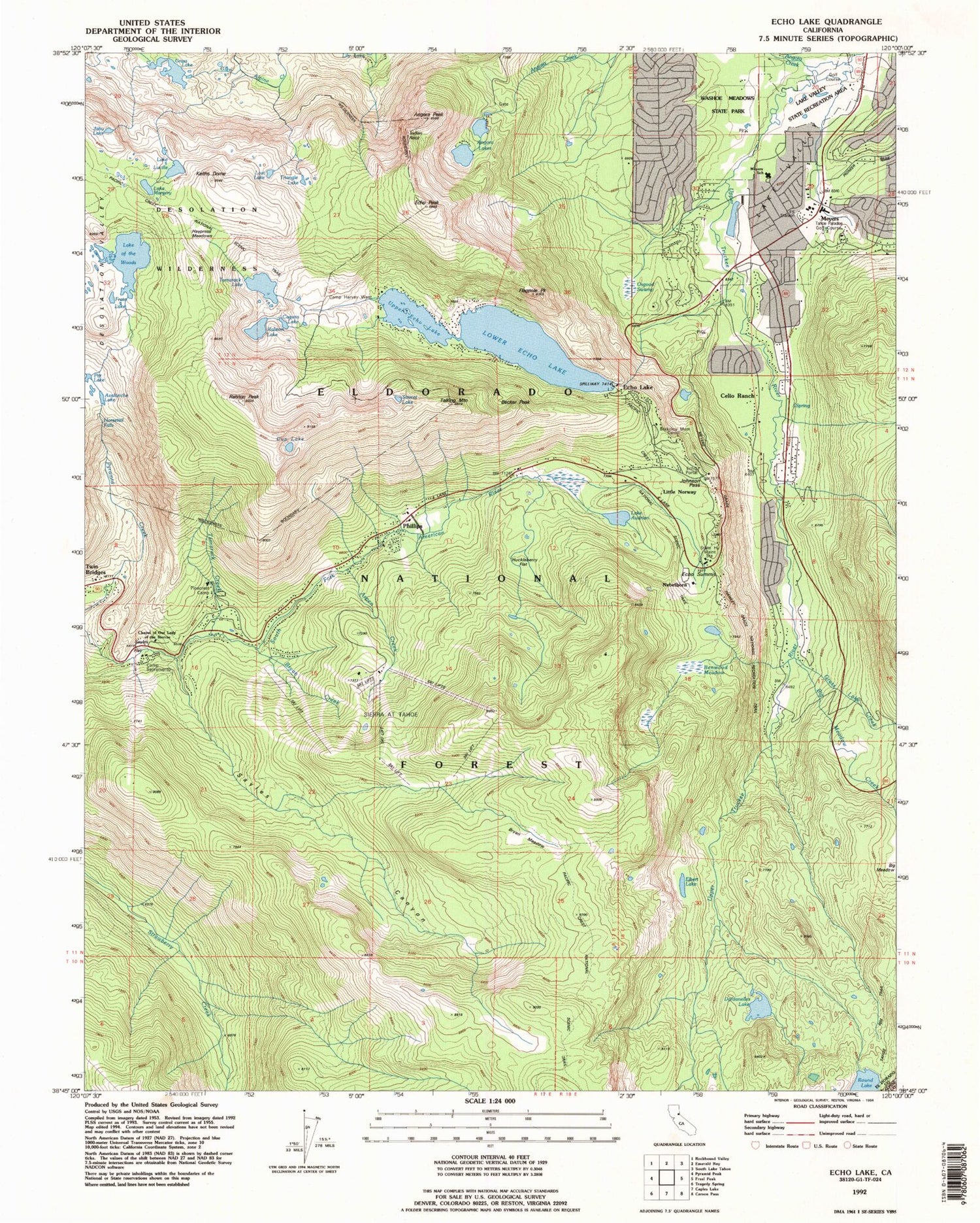 USGS Classic Echo Lake California 7.5'x7.5' Topo Map Image