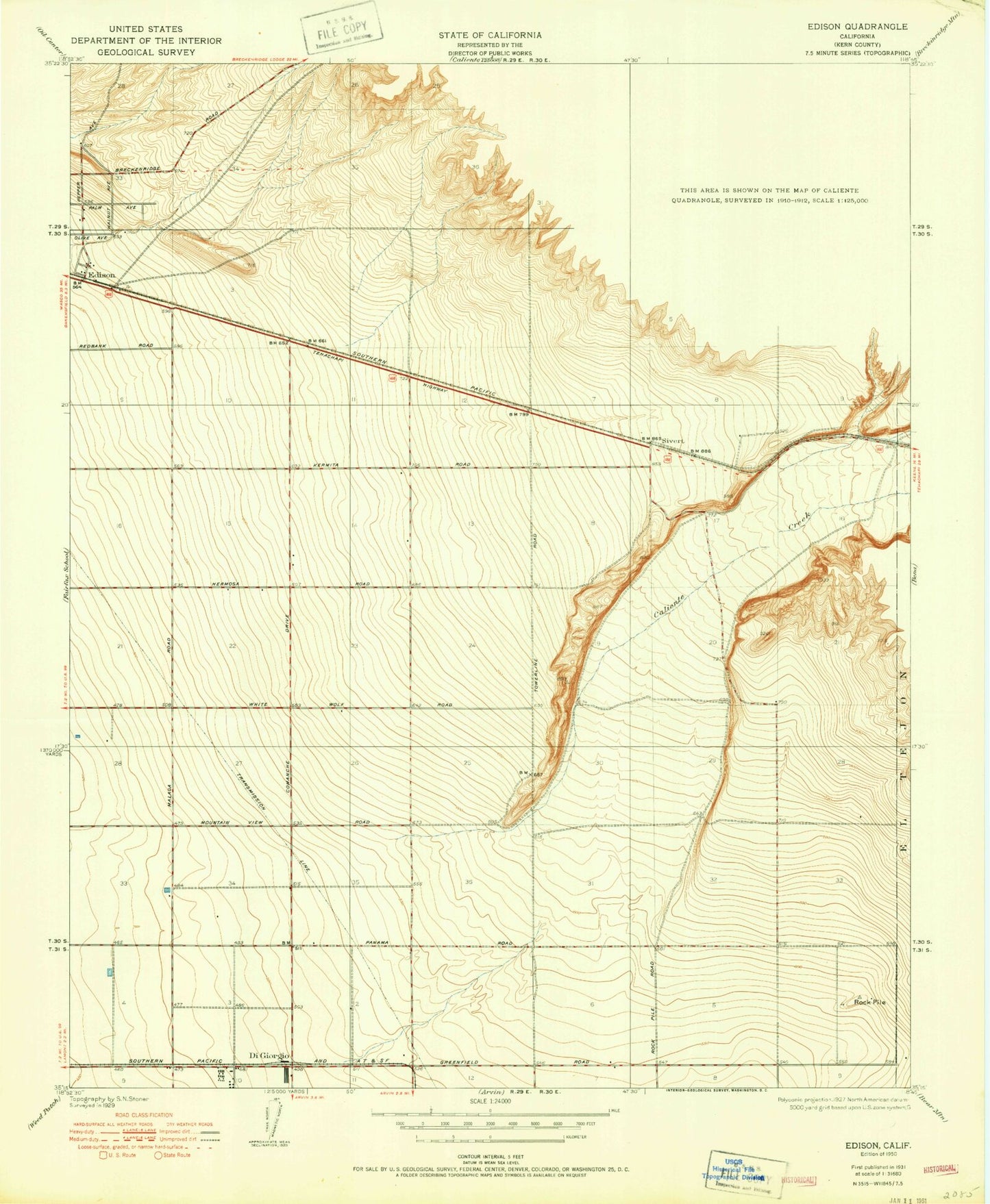 Classic USGS Edison California 7.5'x7.5' Topo Map Image