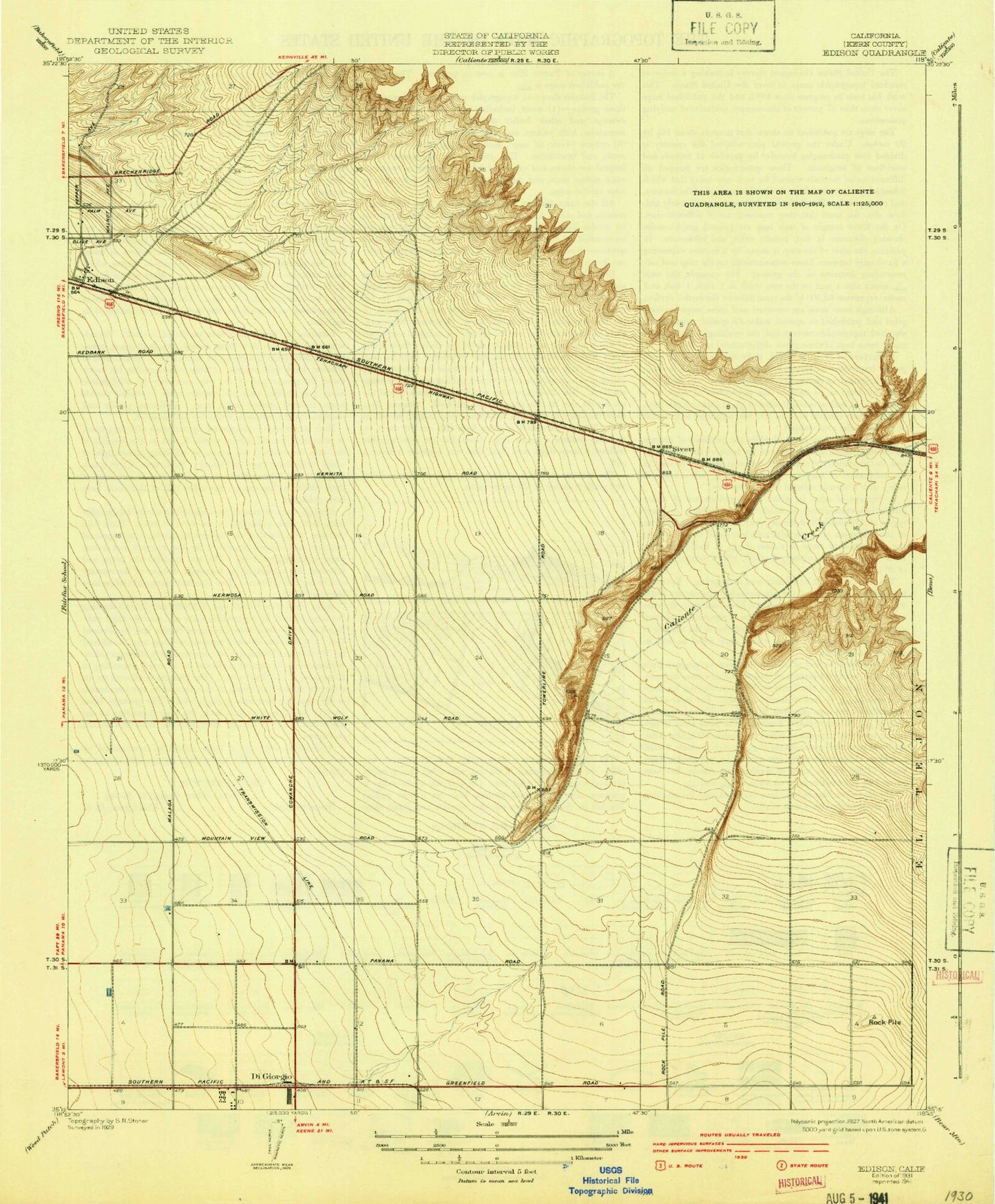 Classic USGS Edison California 7.5'x7.5' Topo Map Image