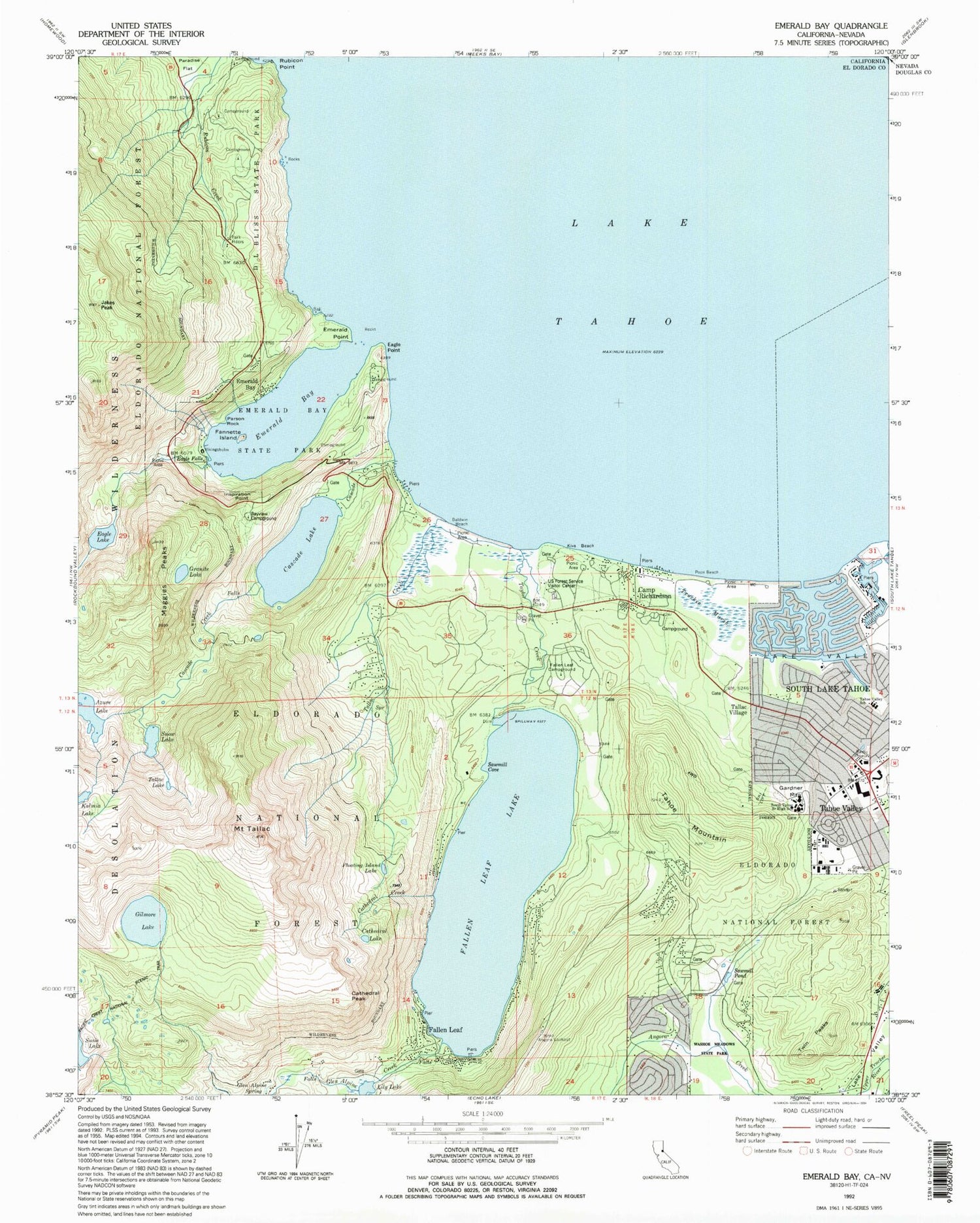 USGS Classic Emerald Bay California 7.5'x7.5' Topo Map Image