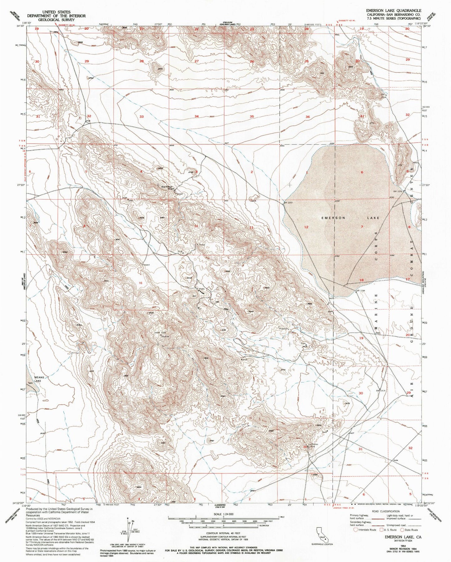 Classic USGS Emerson Lake California 7.5'x7.5' Topo Map Image