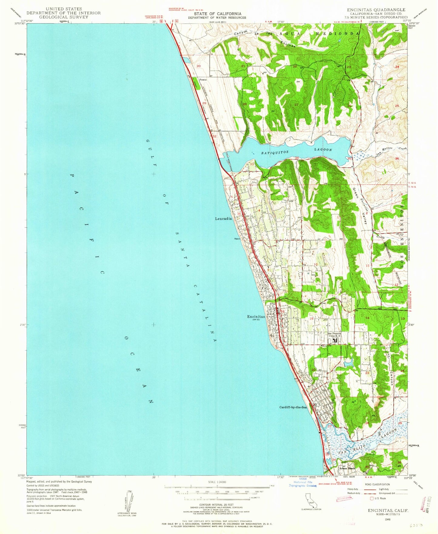 Classic USGS Encinitas California 7.5'x7.5' Topo Map Image