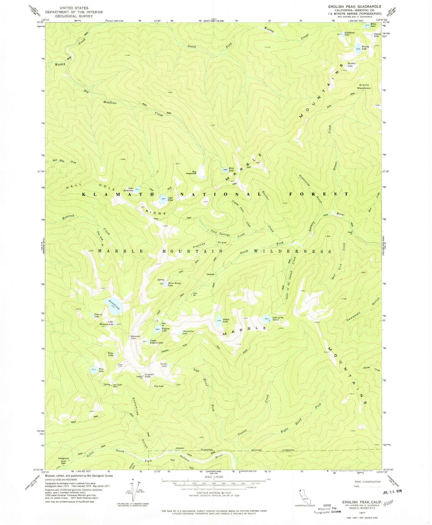 Classic USGS English Peak California 7.5'x7.5' Topo Map Image