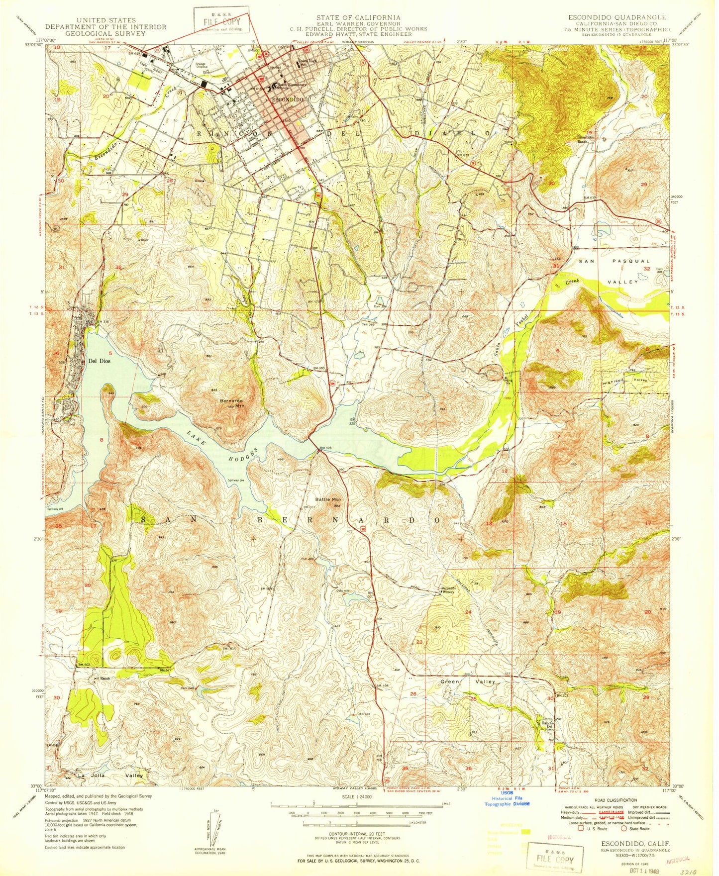 Classic USGS Escondido California 7.5'x7.5' Topo Map Image