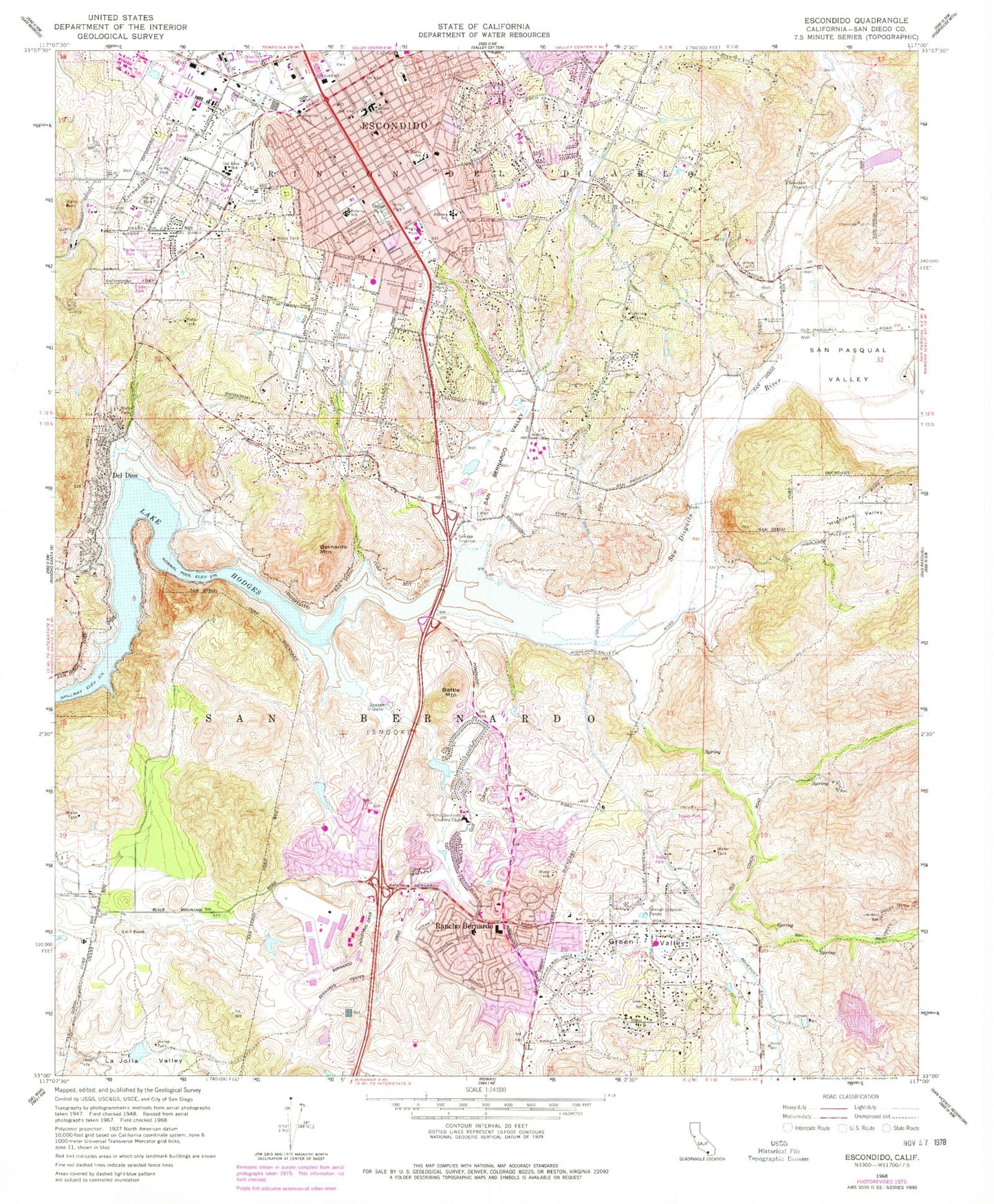 Classic USGS Escondido California 7.5'x7.5' Topo Map Image