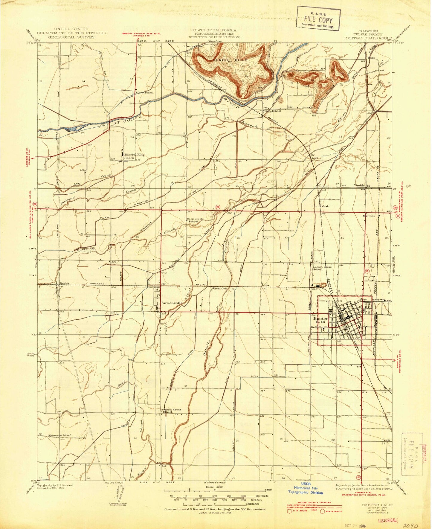 Classic USGS Exeter California 7.5'x7.5' Topo Map Image