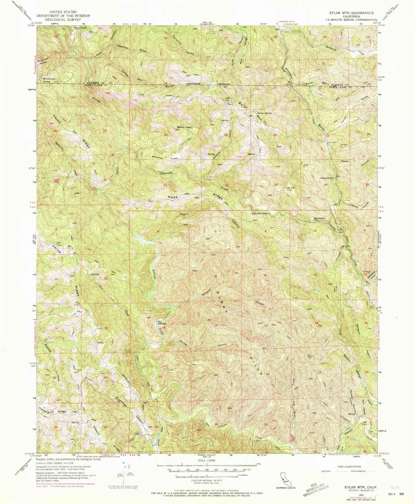 Classic USGS Eylar Mountain California 7.5'x7.5' Topo Map Image