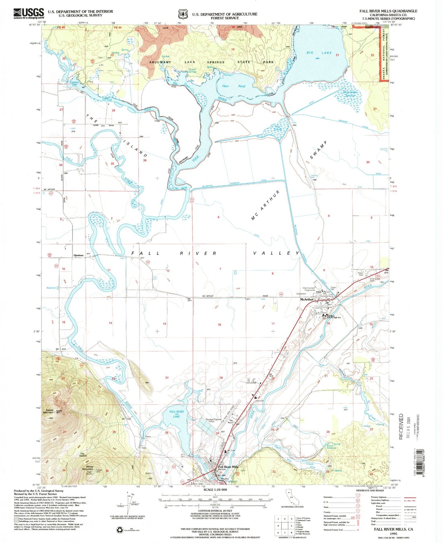 Classic USGS Fall River Mills California 7.5'x7.5' Topo Map Image