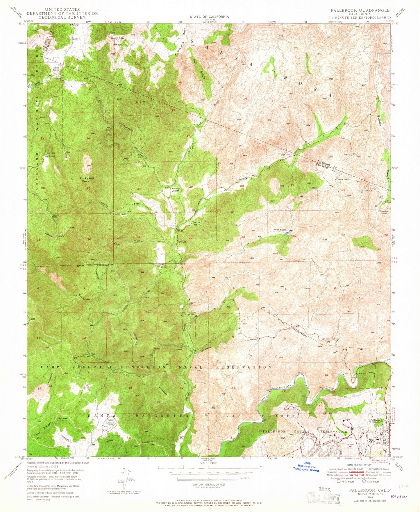 Classic USGS Fallbrook California 7.5'x7.5' Topo Map Image