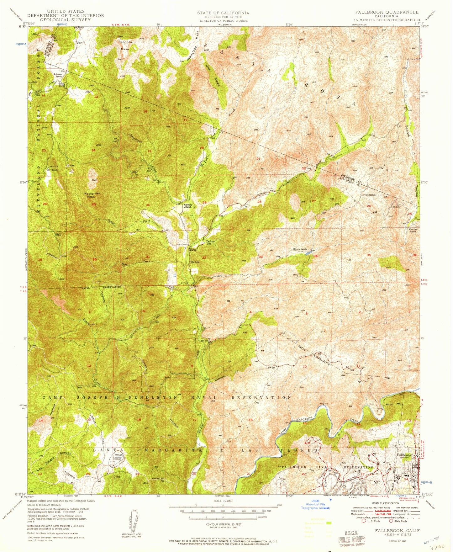 Classic USGS Fallbrook California 7.5'x7.5' Topo Map Image