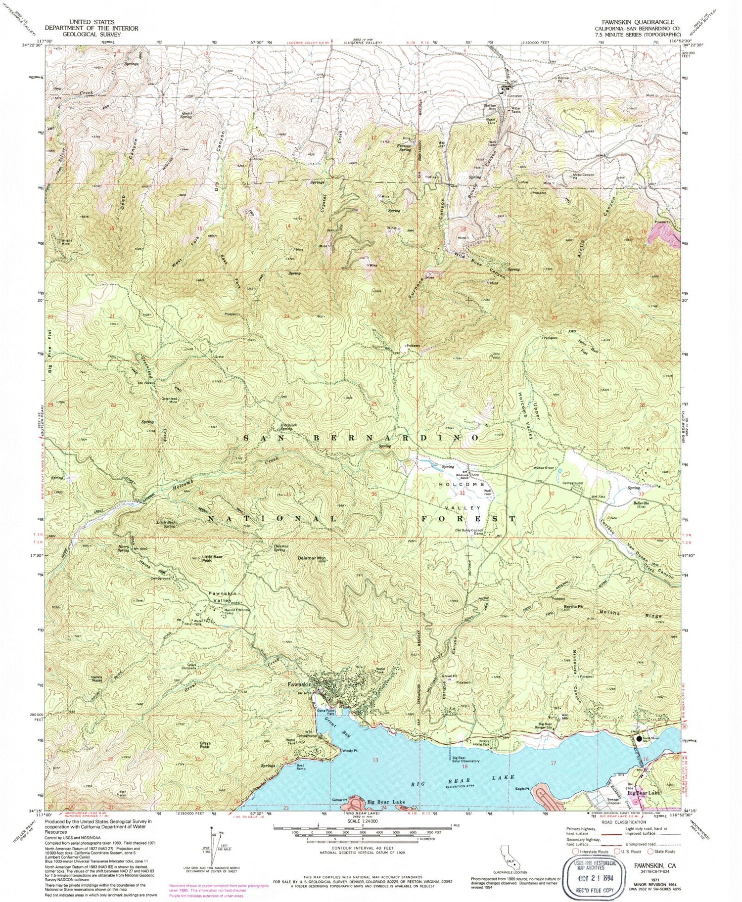 USGS Classic Fawnskin California 7.5'x7.5' Topo Map Image