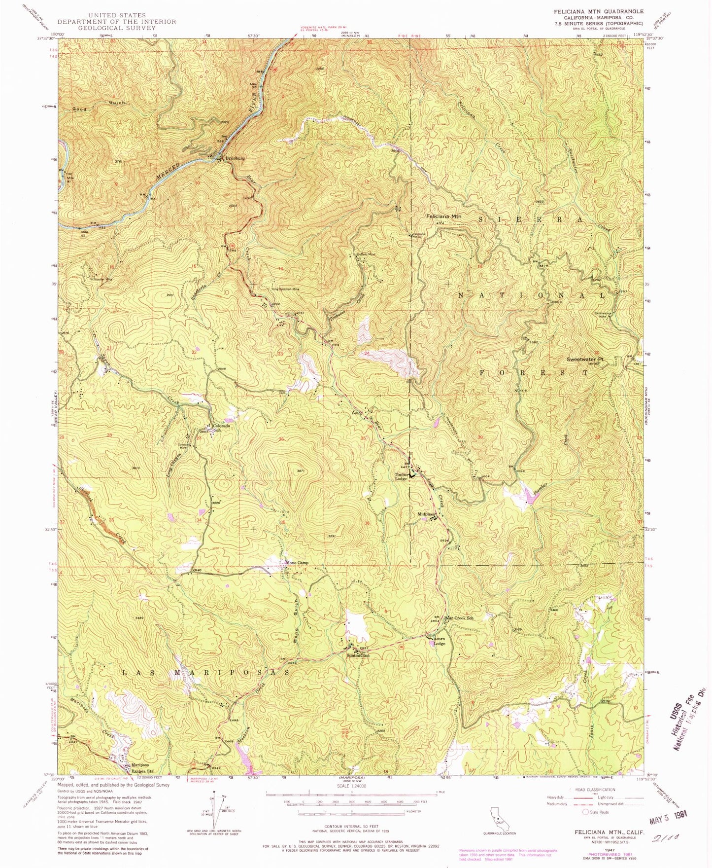 Classic USGS Feliciana Mountain California 7.5'x7.5' Topo Map Image