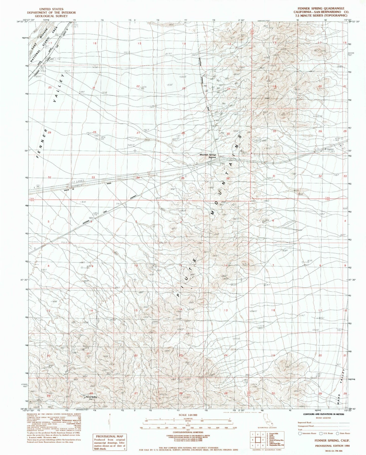 Classic USGS Fenner Spring California 7.5'x7.5' Topo Map Image