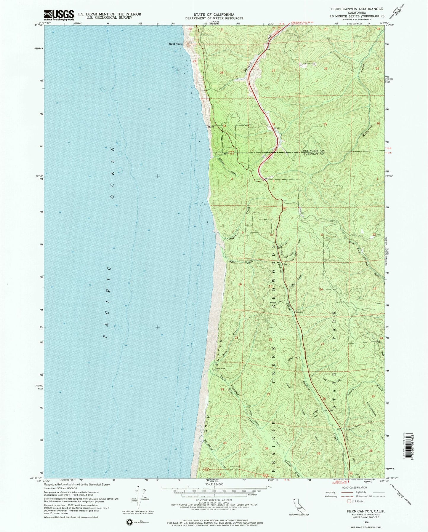 Classic USGS Fern Canyon California 7.5'x7.5' Topo Map Image
