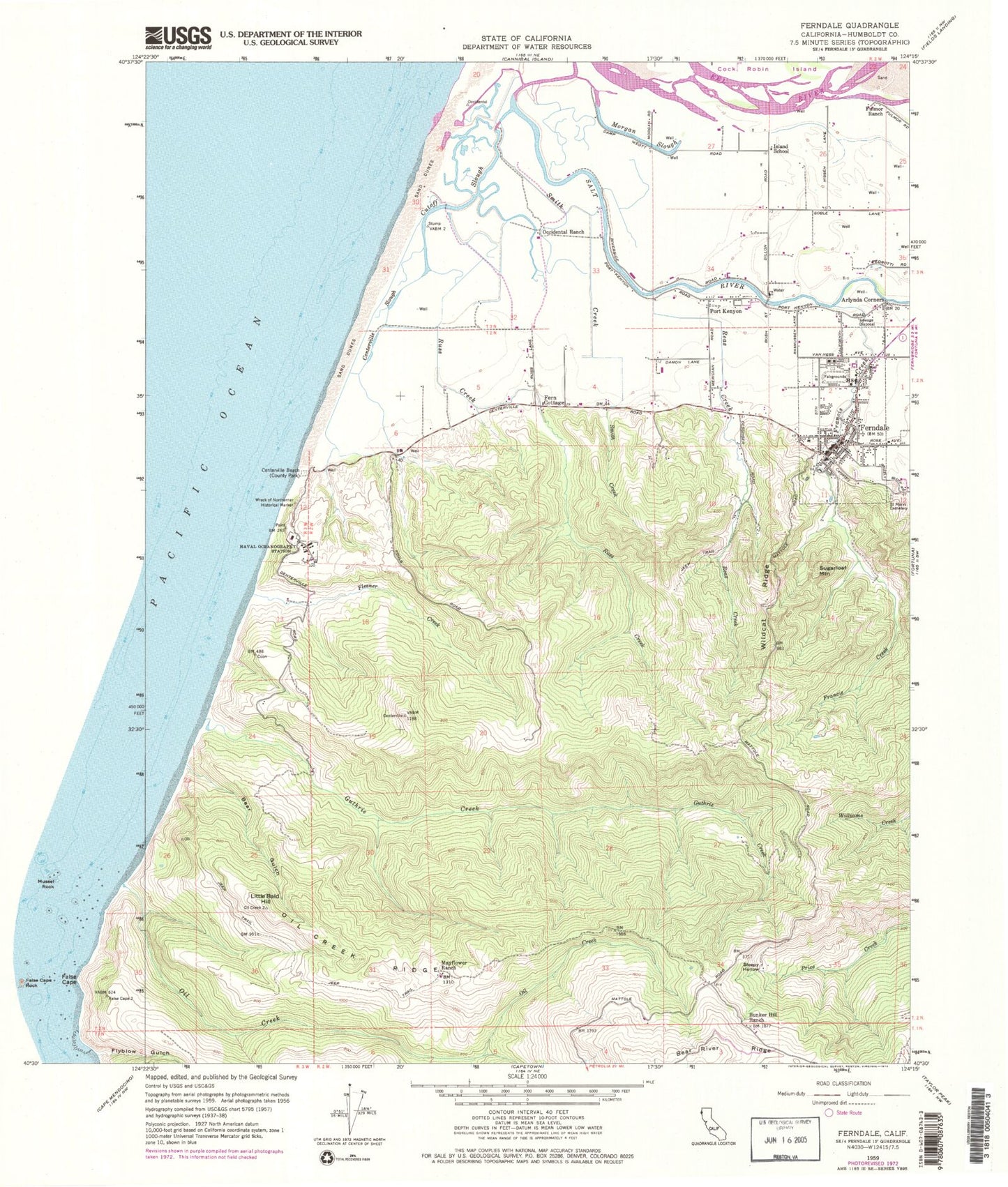 Classic USGS Ferndale California 7.5'x7.5' Topo Map Image