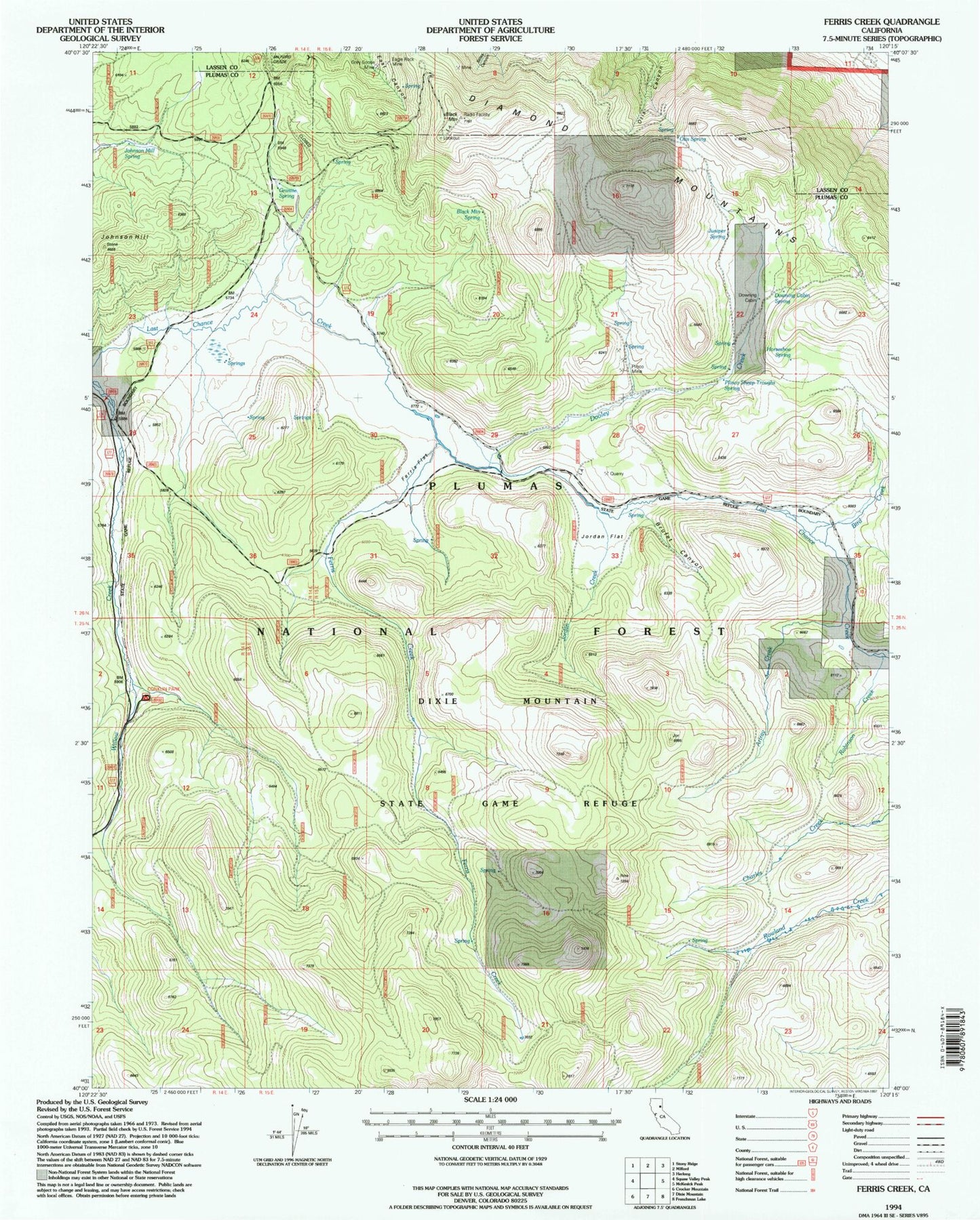 Classic USGS Ferris Creek California 7.5'x7.5' Topo Map Image