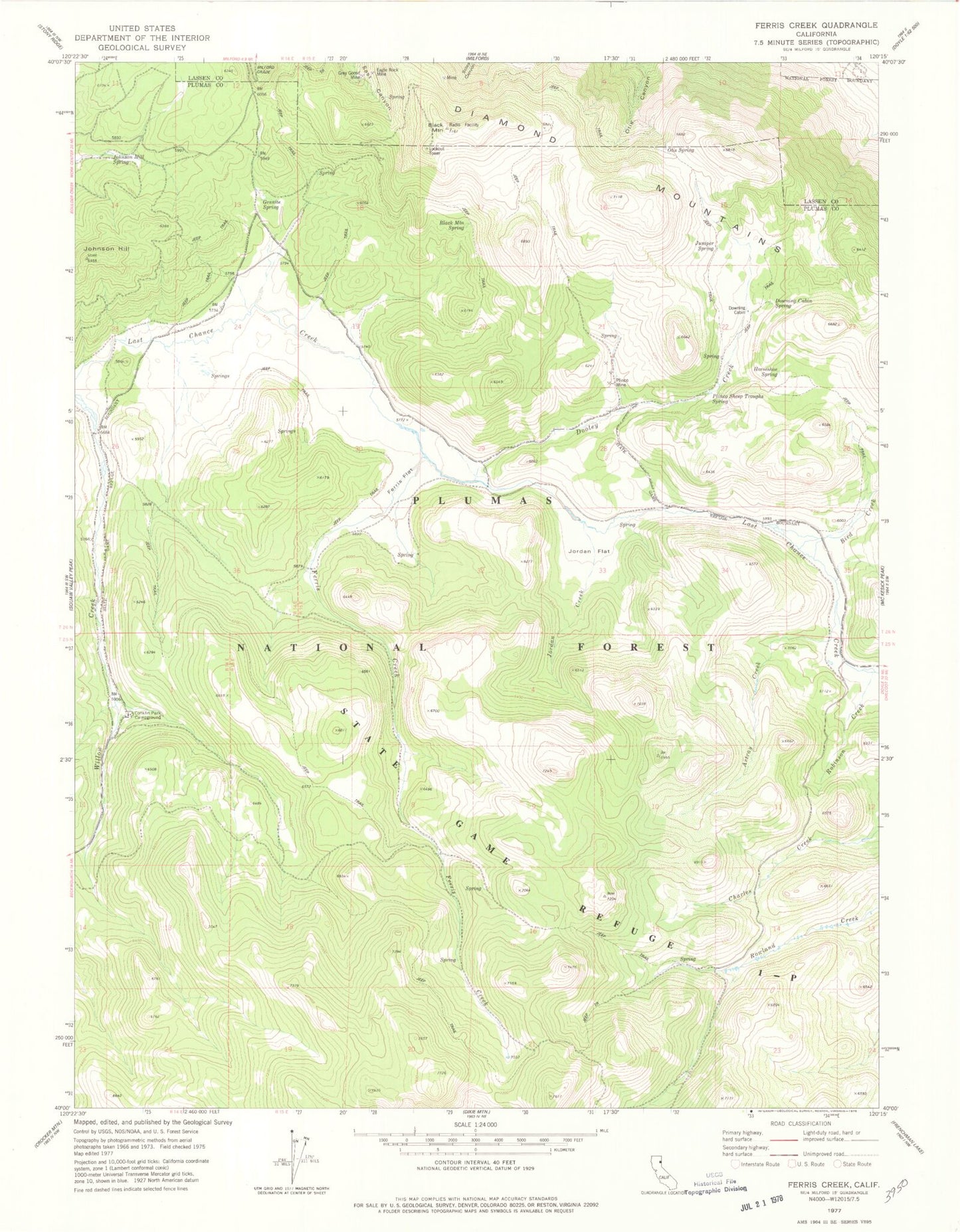 Classic USGS Ferris Creek California 7.5'x7.5' Topo Map Image