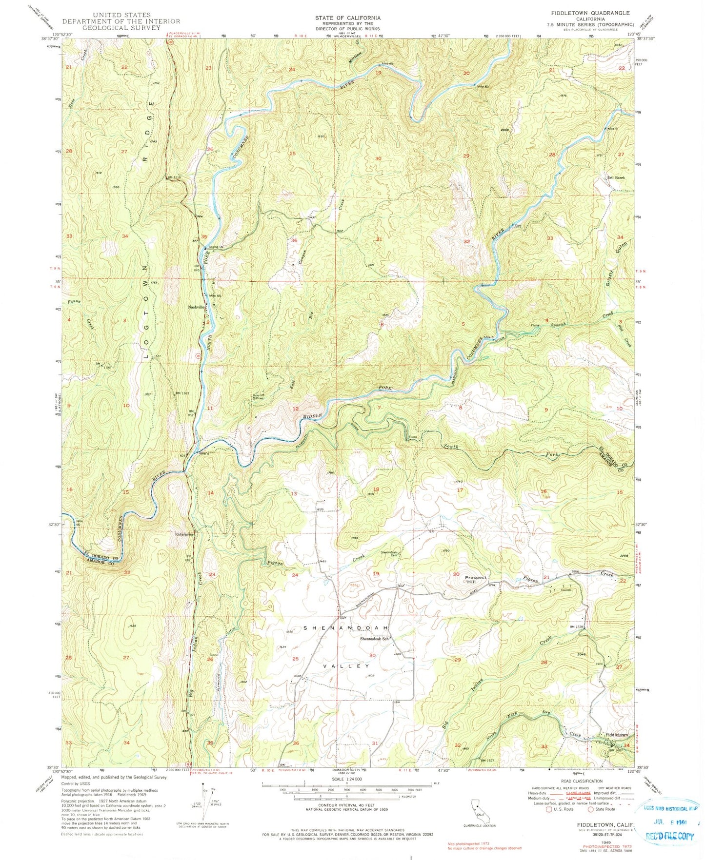 Classic USGS Fiddletown California 7.5'x7.5' Topo Map Image