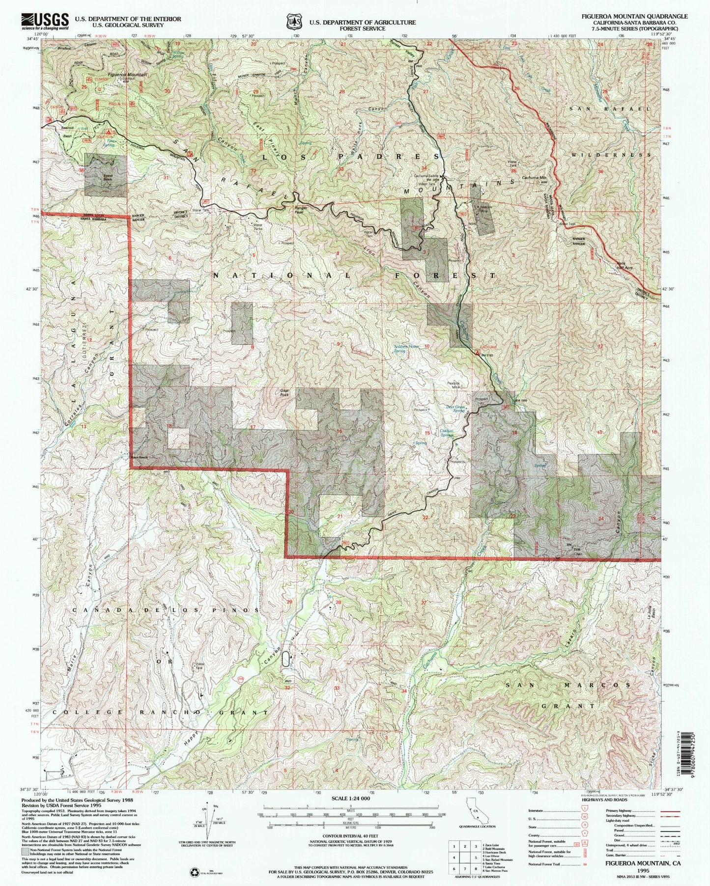 Classic USGS Figueroa Mountain California 7.5'x7.5' Topo Map Image