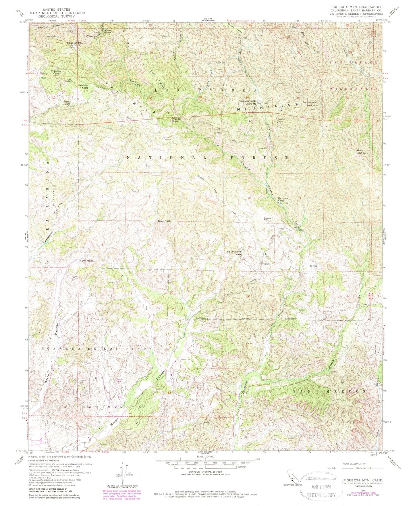 Classic USGS Figueroa Mountain California 7.5'x7.5' Topo Map Image