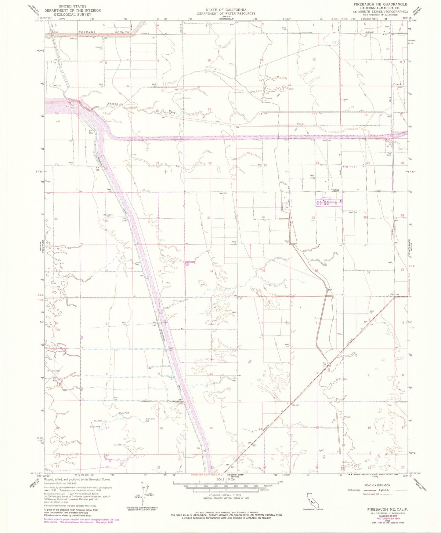 Classic USGS Firebaugh NE California 7.5'x7.5' Topo Map Image
