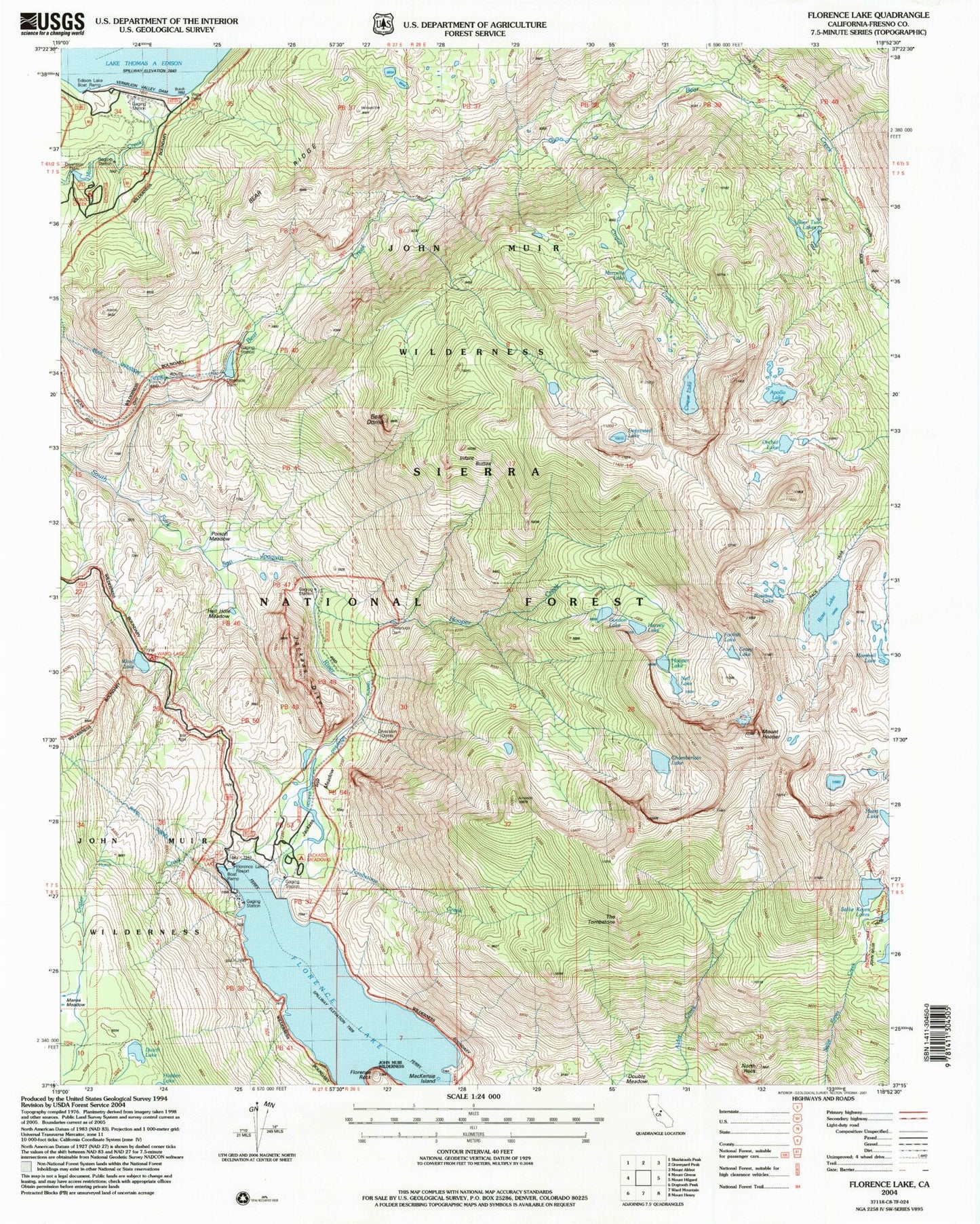 USGS Classic Florence Lake California 7.5'x7.5' Topo Map Image