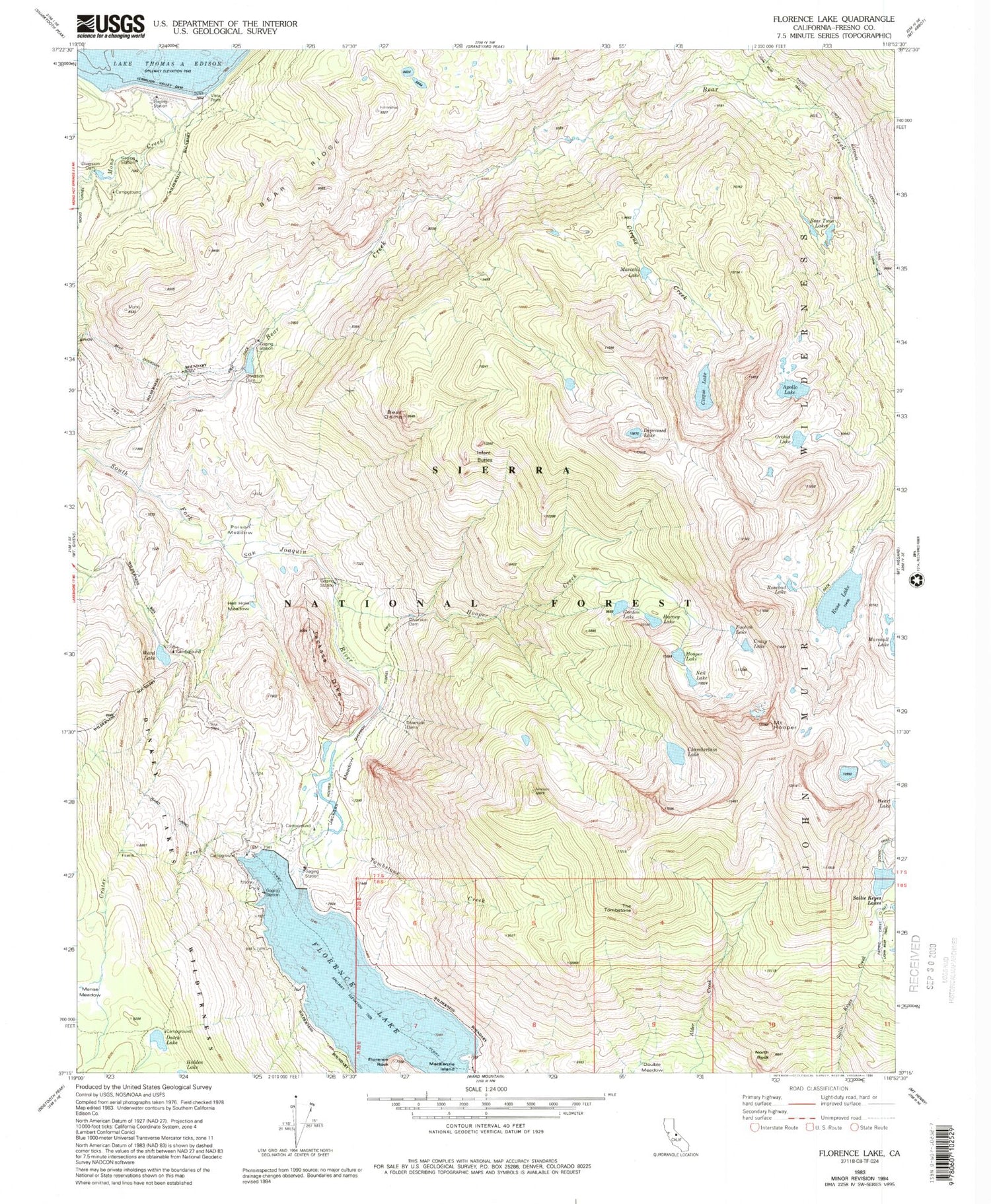 USGS Classic Florence Lake California 7.5'x7.5' Topo Map Image