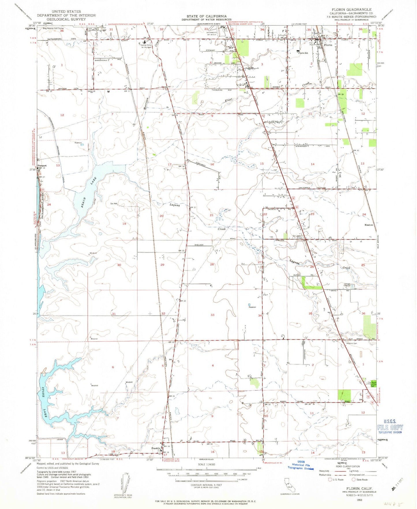 Classic USGS Florin California 7.5'x7.5' Topo Map Image