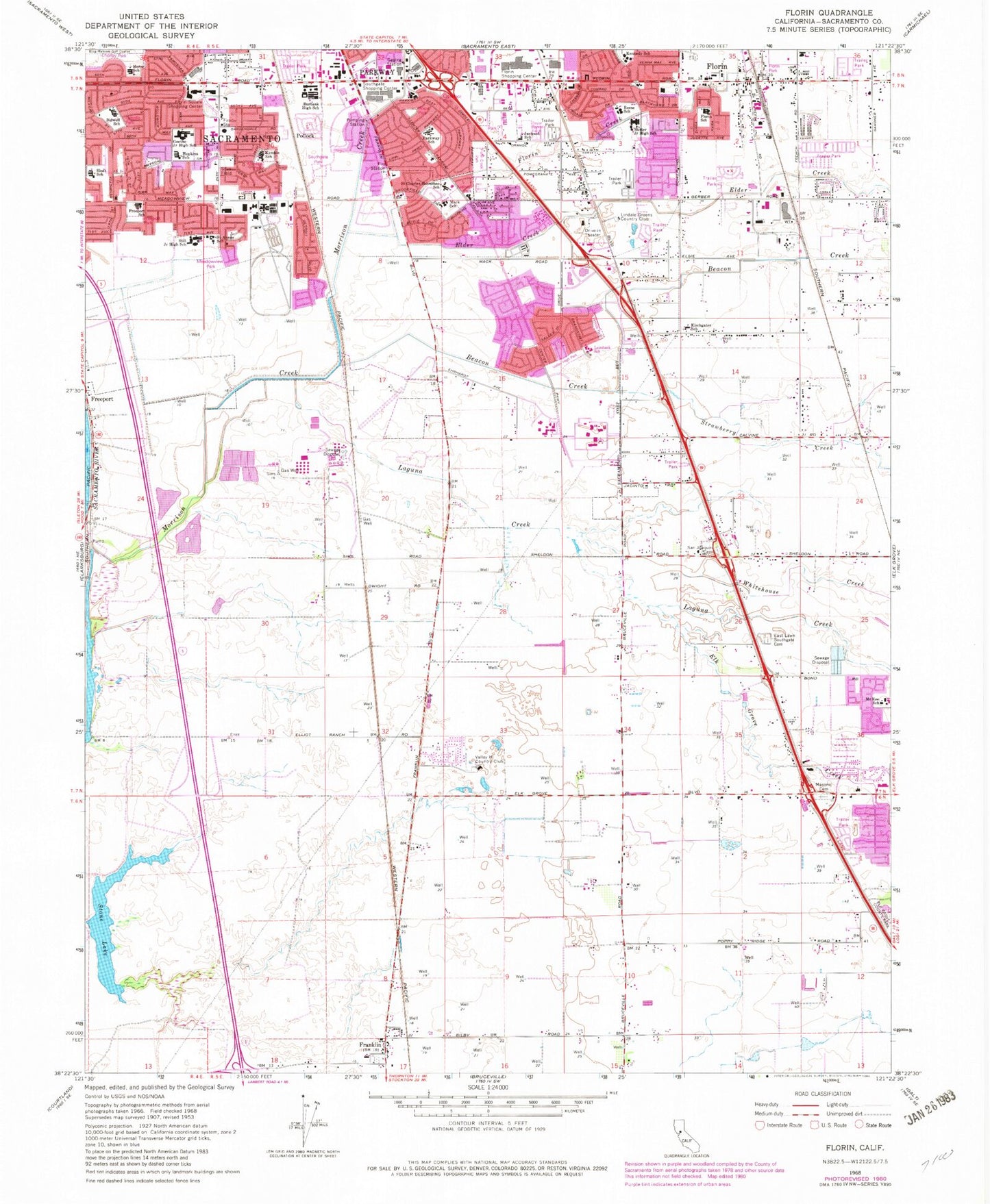 Classic USGS Florin California 7.5'x7.5' Topo Map Image