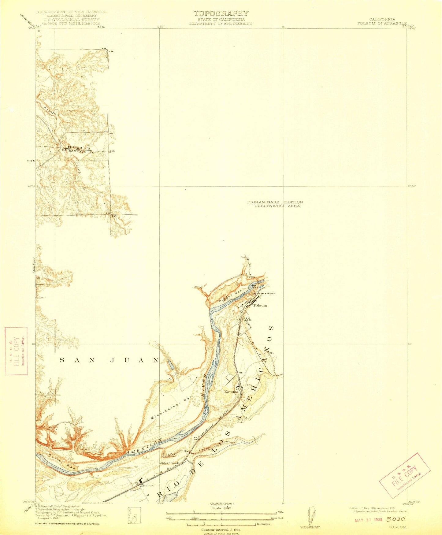 Classic USGS Folsom California 7.5'x7.5' Topo Map Image