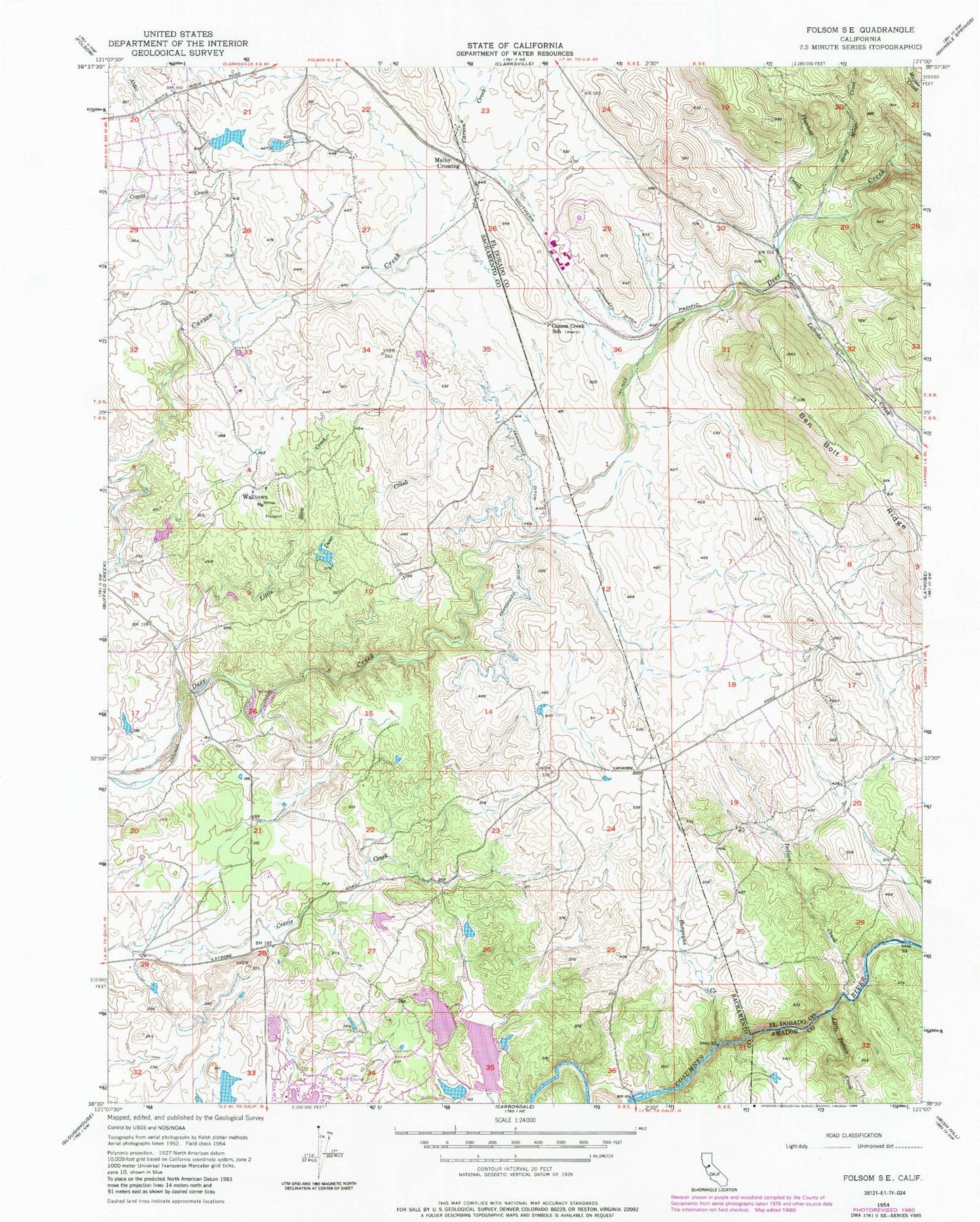 Classic USGS Folsom SE California 7.5'x7.5' Topo Map Image