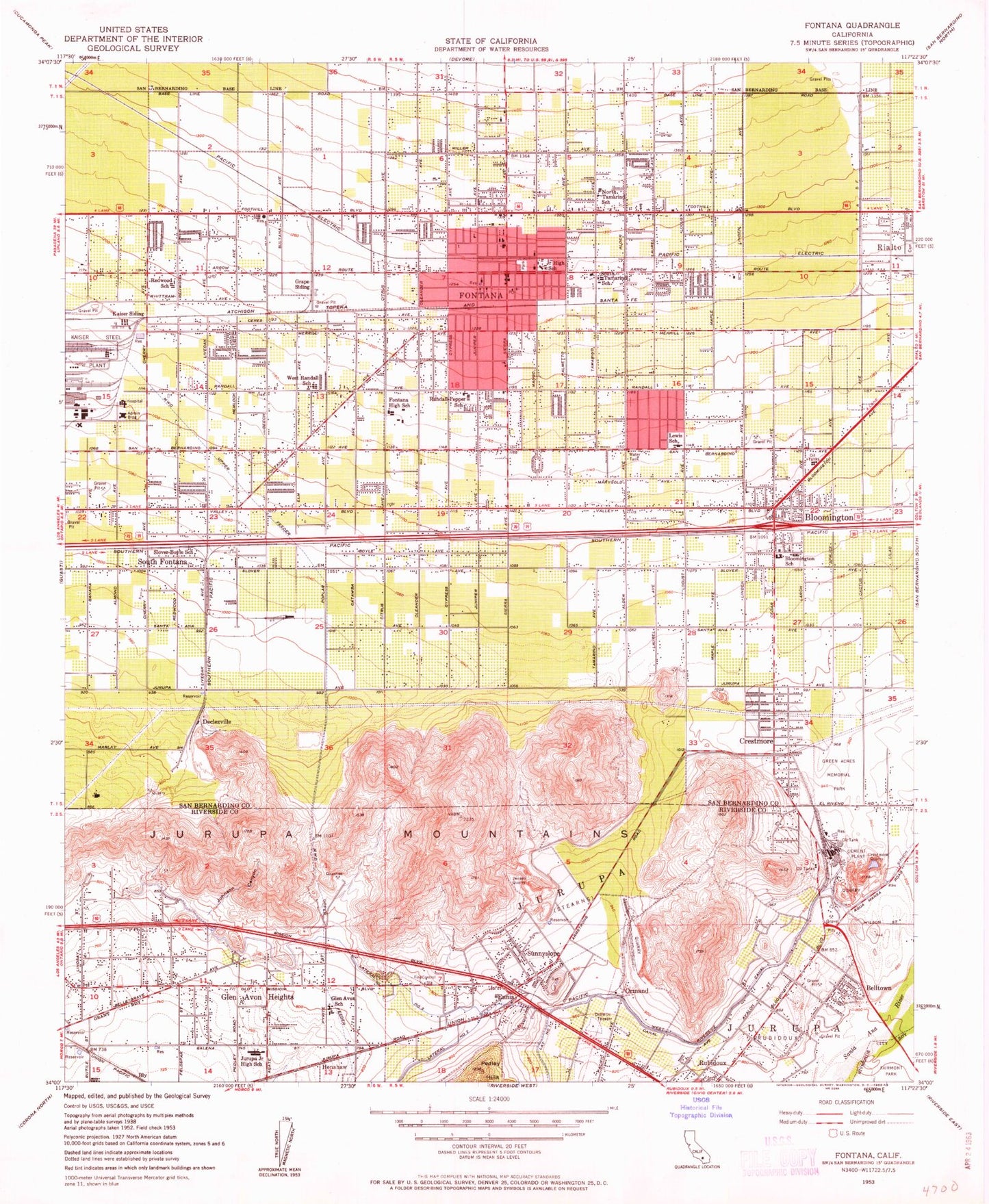 Classic USGS Fontana California 7.5'x7.5' Topo Map Image