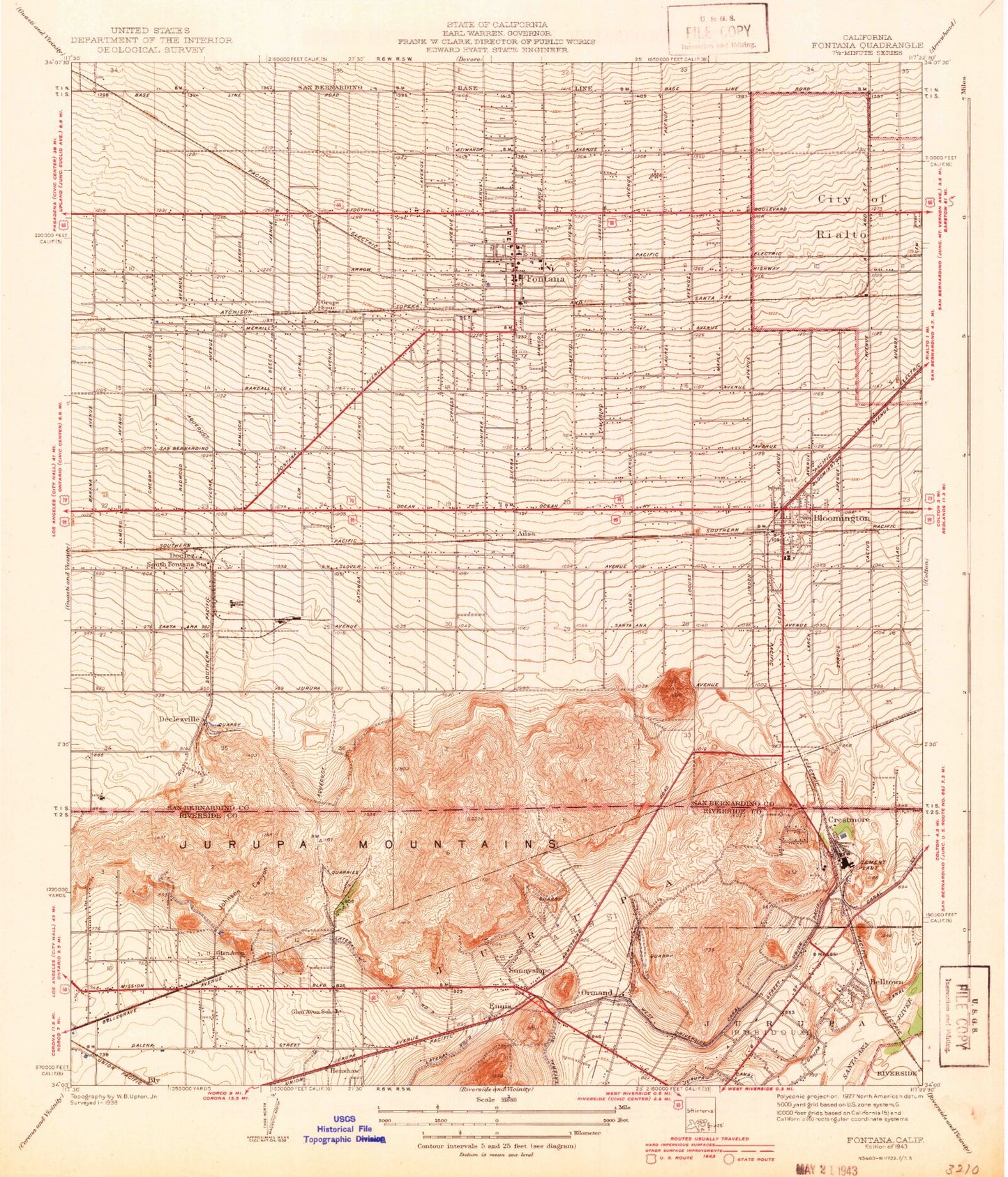 Classic USGS Fontana California 7.5'x7.5' Topo Map Image
