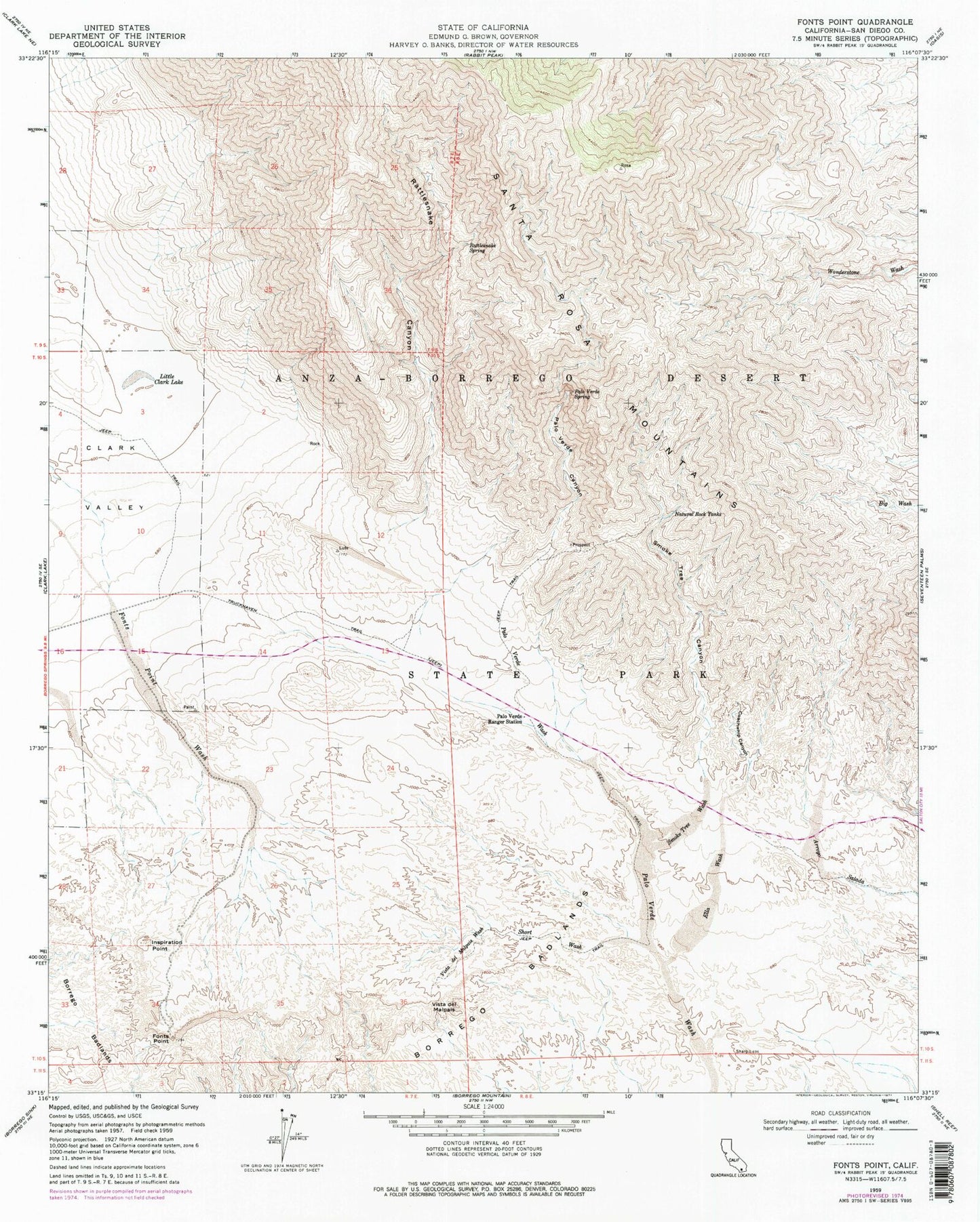 Classic USGS Fonts Point California 7.5'x7.5' Topo Map Image