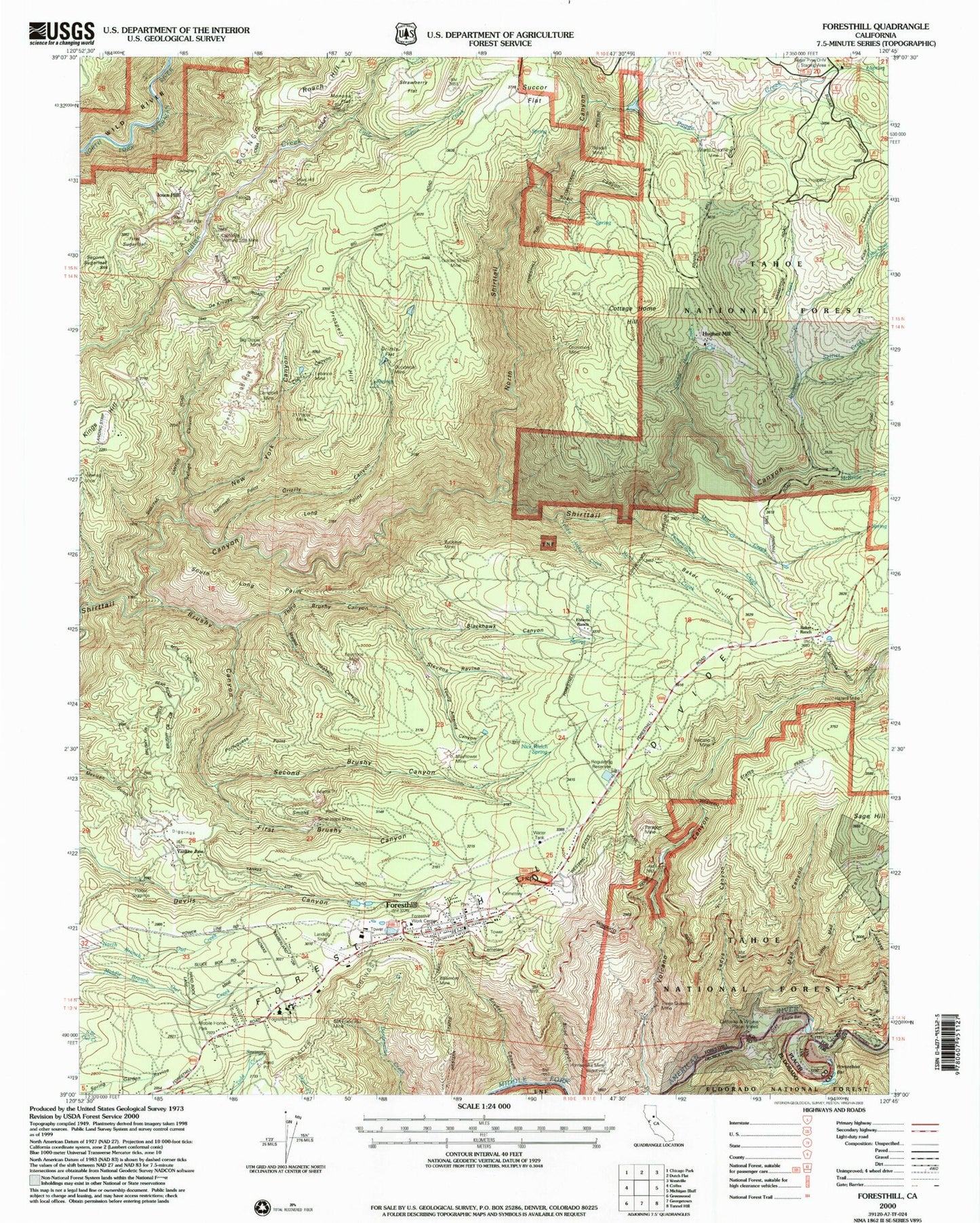 Classic USGS Foresthill California 7.5'x7.5' Topo Map Image