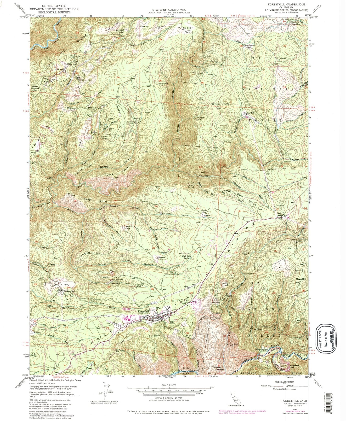 Classic USGS Foresthill California 7.5'x7.5' Topo Map Image