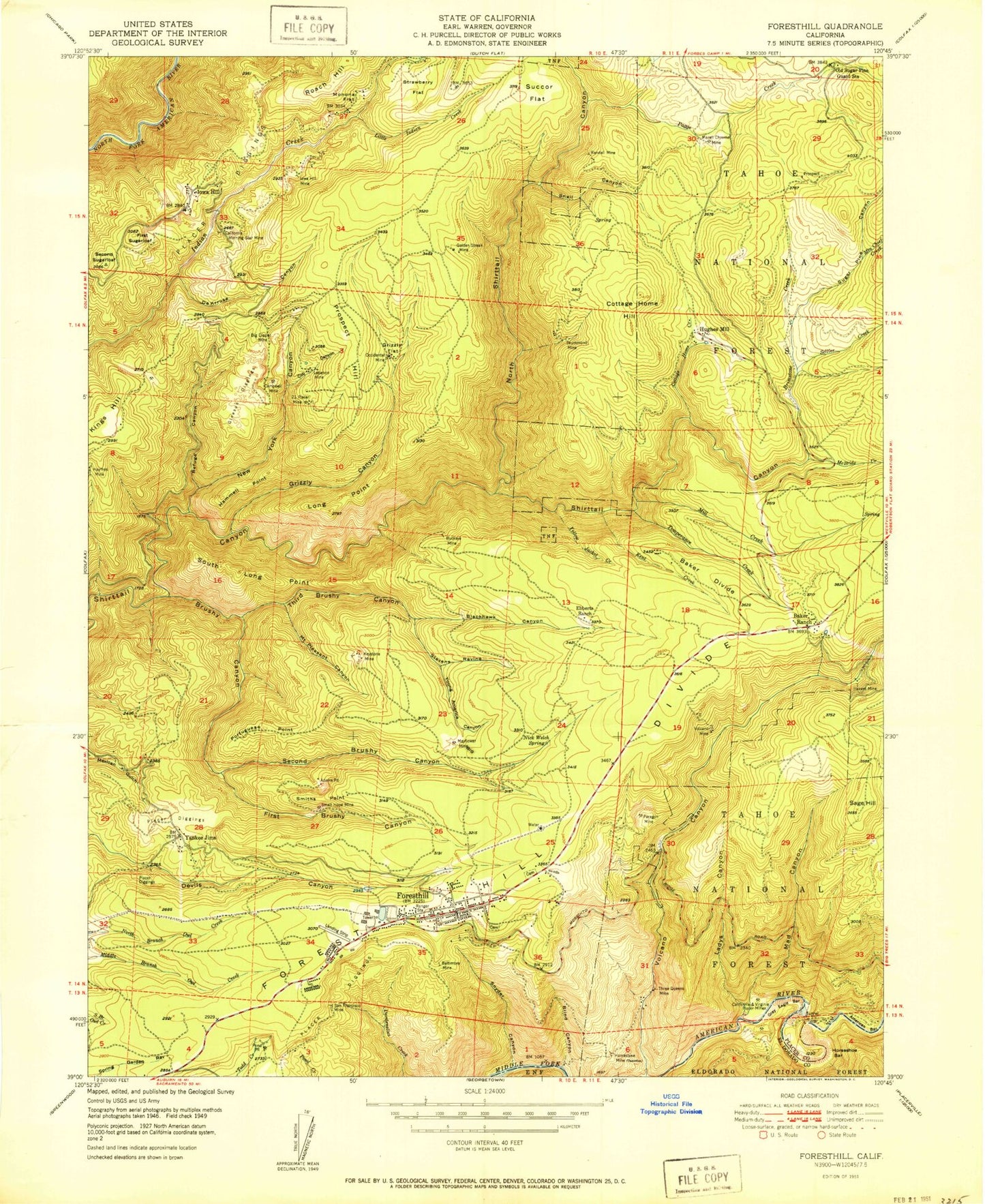 Classic USGS Foresthill California 7.5'x7.5' Topo Map Image