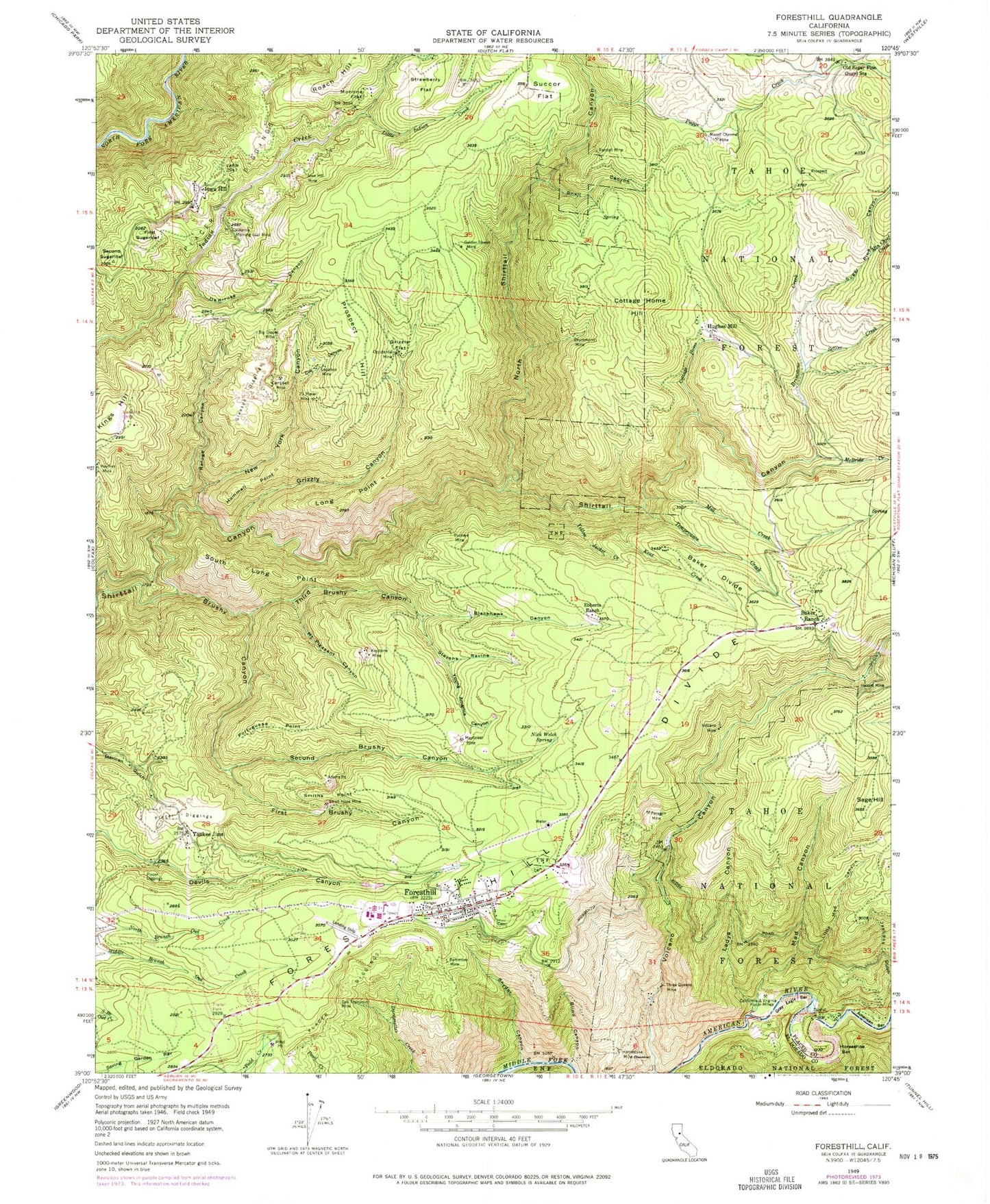 Classic USGS Foresthill California 7.5'x7.5' Topo Map Image