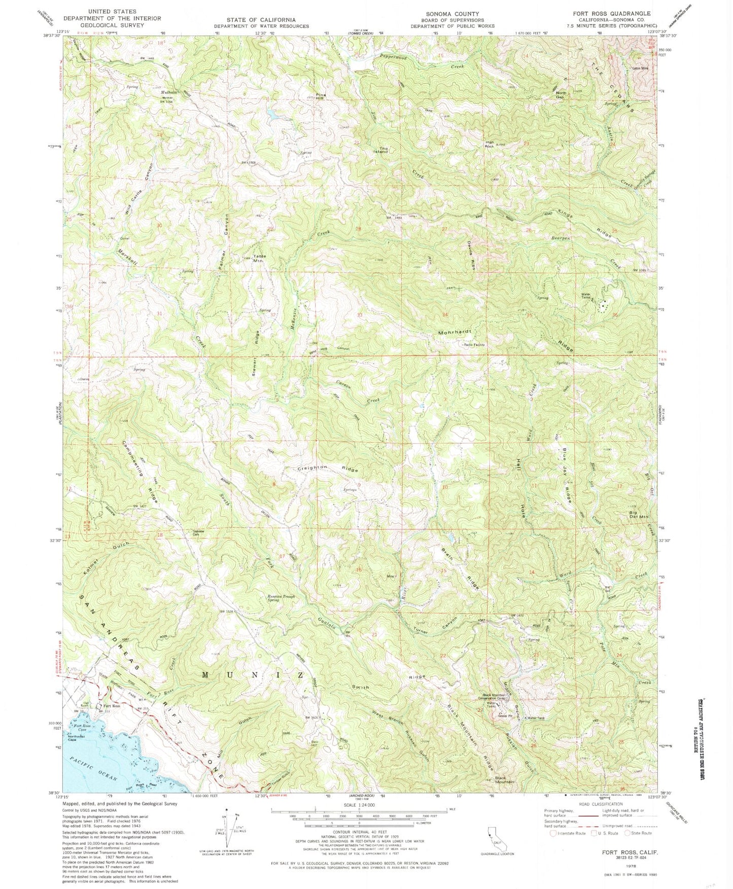 Classic USGS Fort Ross California 7.5'x7.5' Topo Map Image