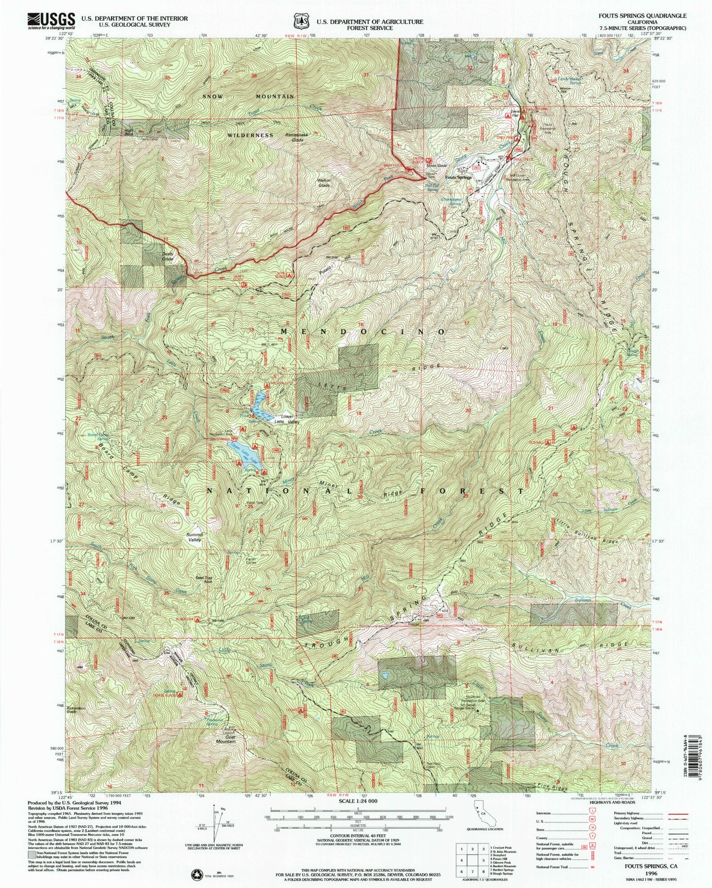 Classic USGS Fouts Springs California 7.5'x7.5' Topo Map Image