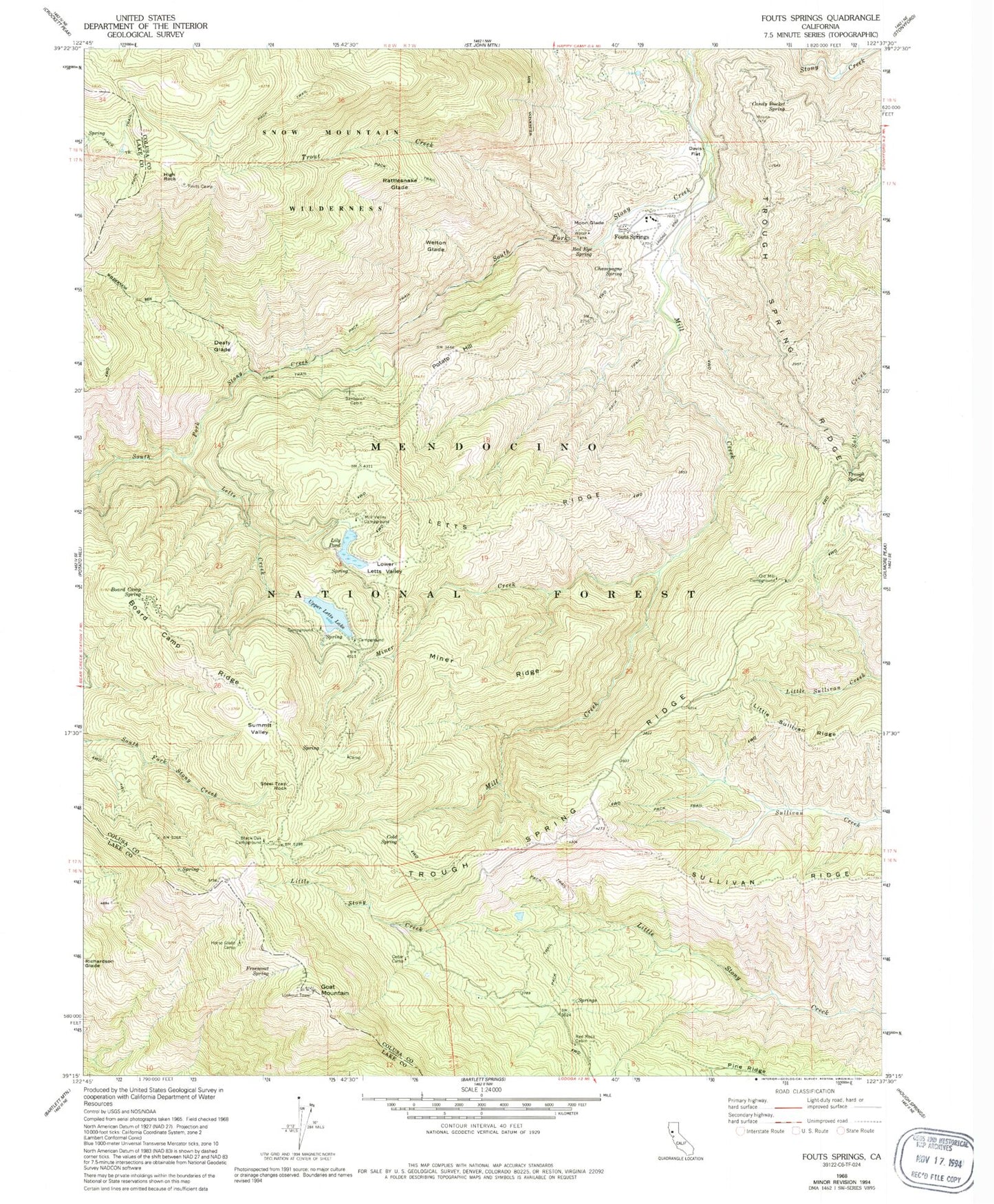 Classic USGS Fouts Springs California 7.5'x7.5' Topo Map Image