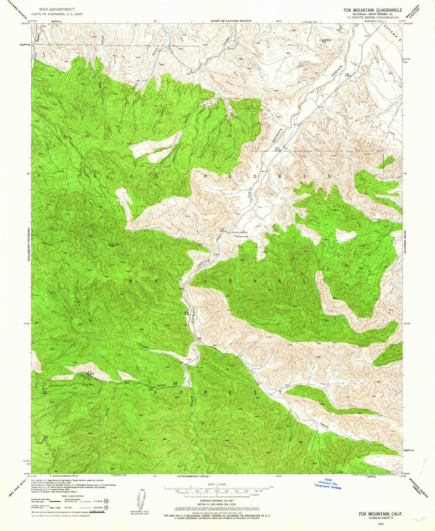 Classic USGS Fox Mountain California 7.5'x7.5' Topo Map Image