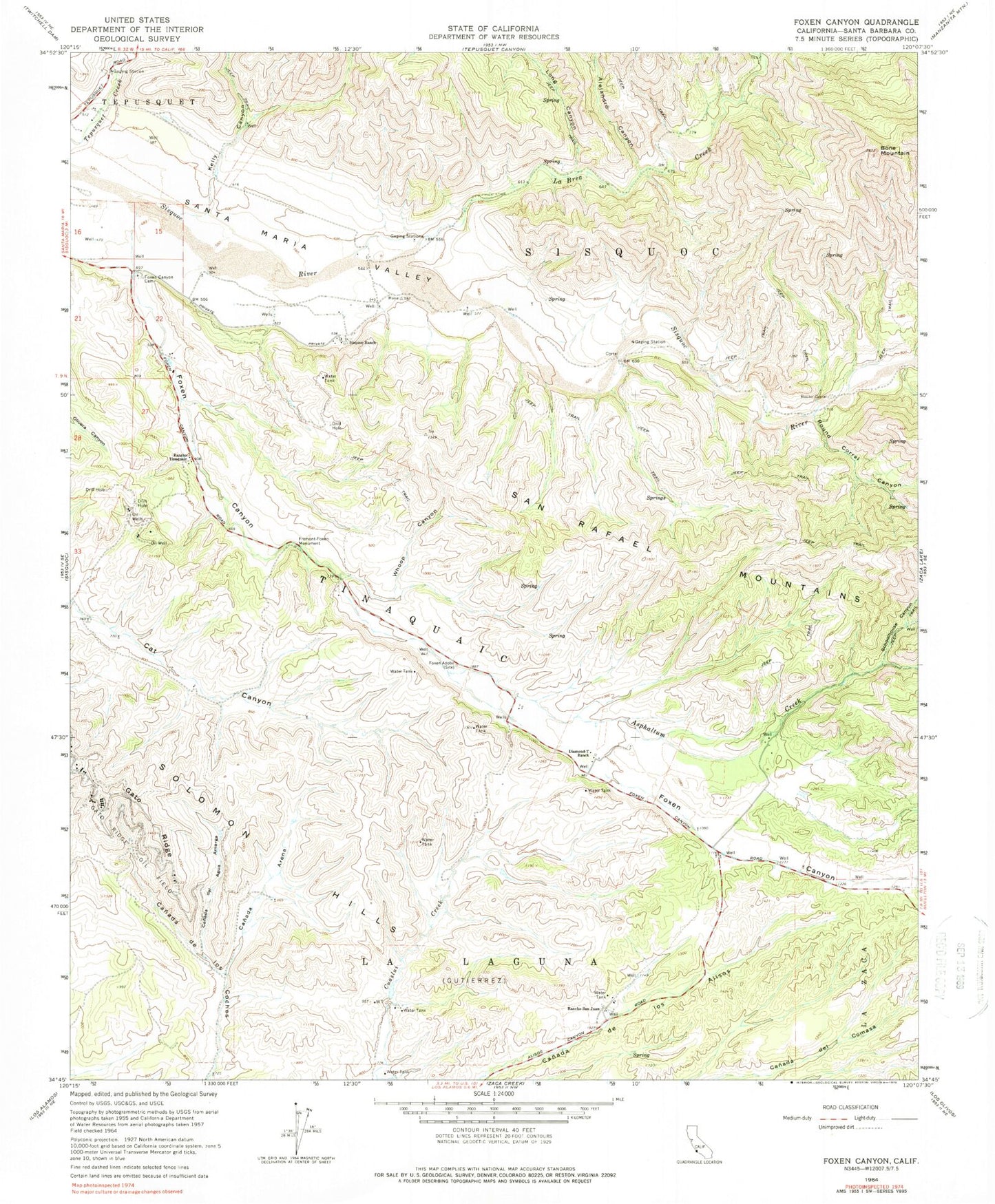 Classic USGS Foxen Canyon California 7.5'x7.5' Topo Map Image