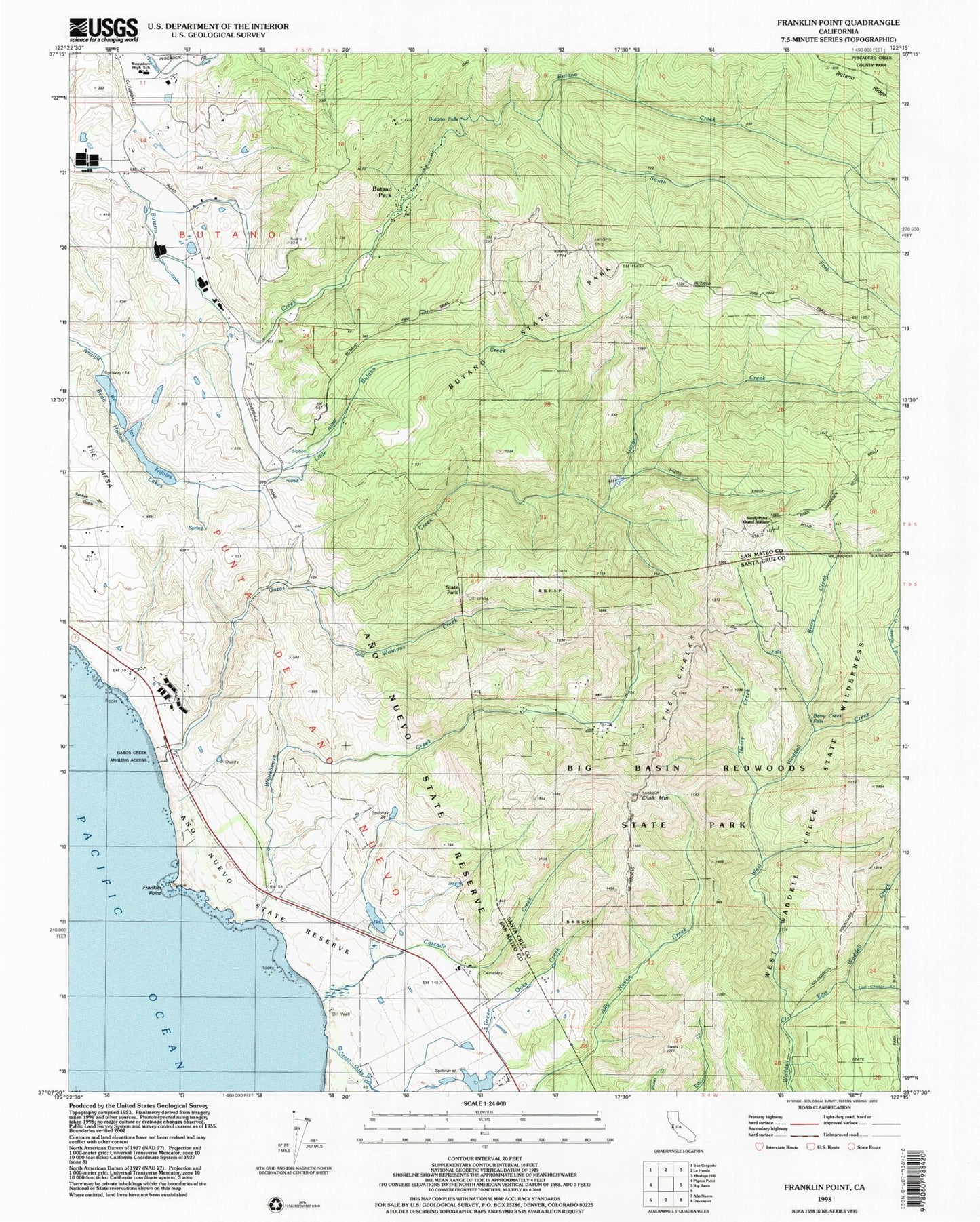 Classic USGS Franklin Point California 7.5'x7.5' Topo Map Image