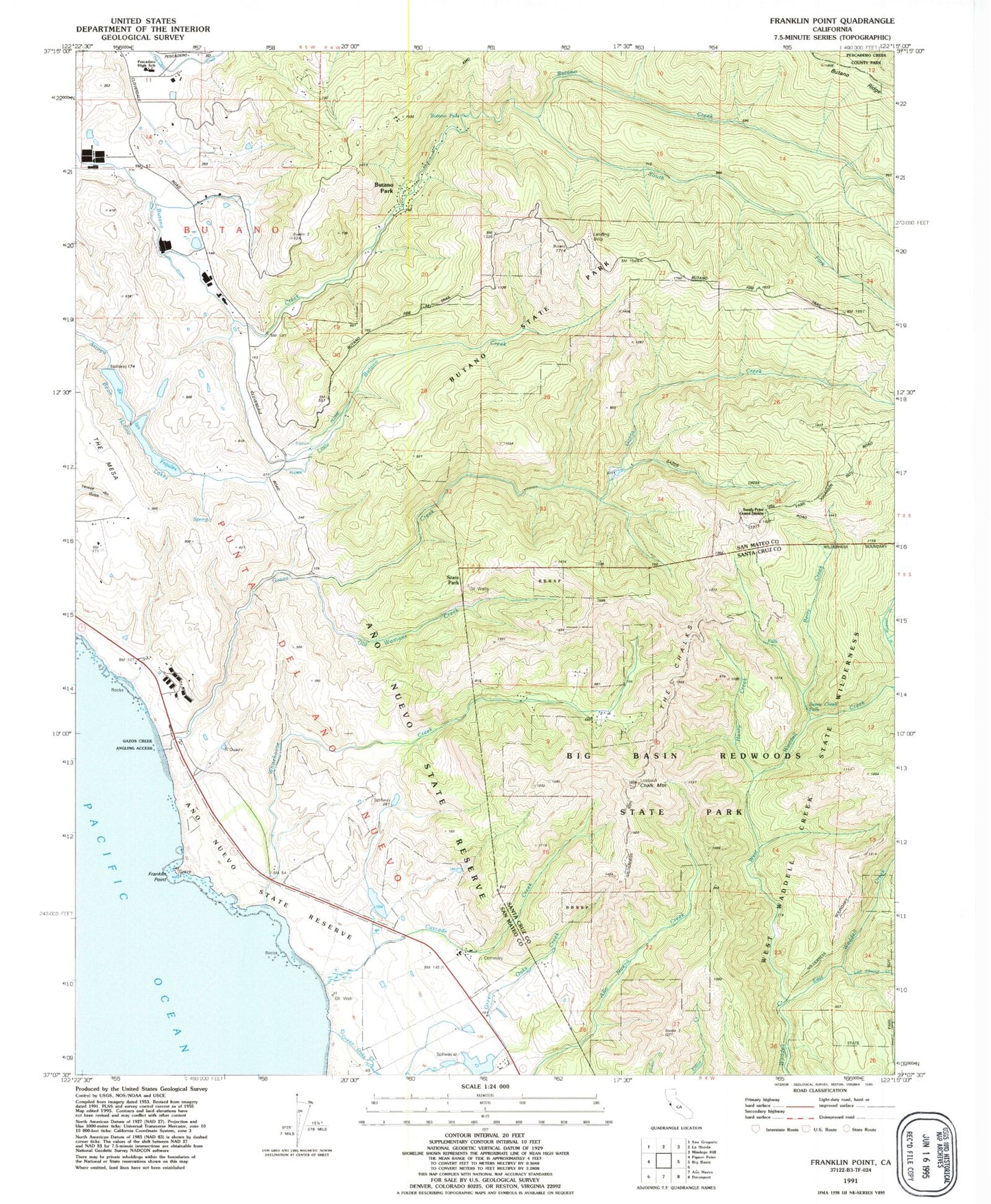 Classic USGS Franklin Point California 7.5'x7.5' Topo Map Image